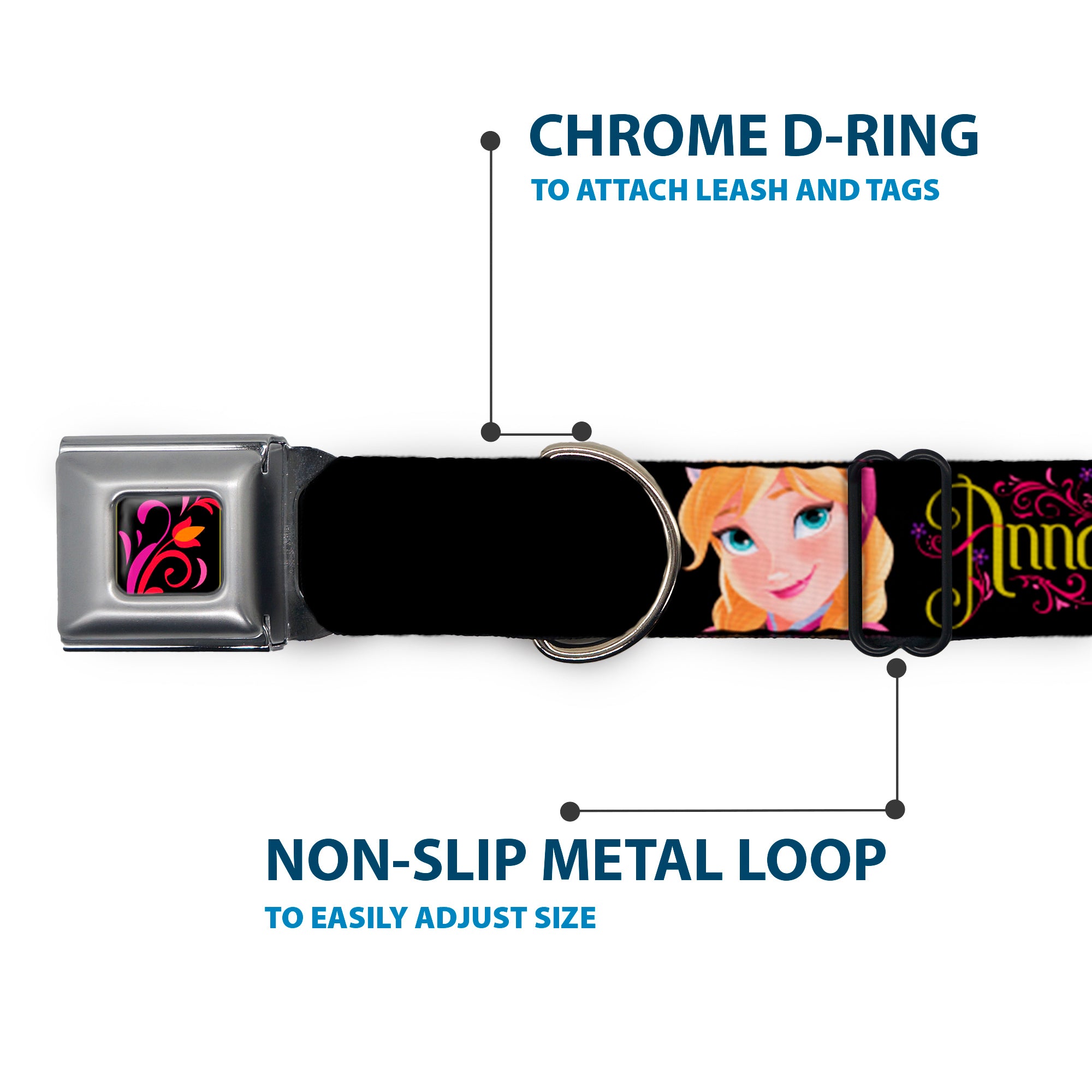 Dog Collar DYFV-Frozen Tulip Full Color Black/Pink/Red/Orange - ANNA Poses/Anna Monogram Heart Cameo Pinks/Yellow - WIDE-Medium