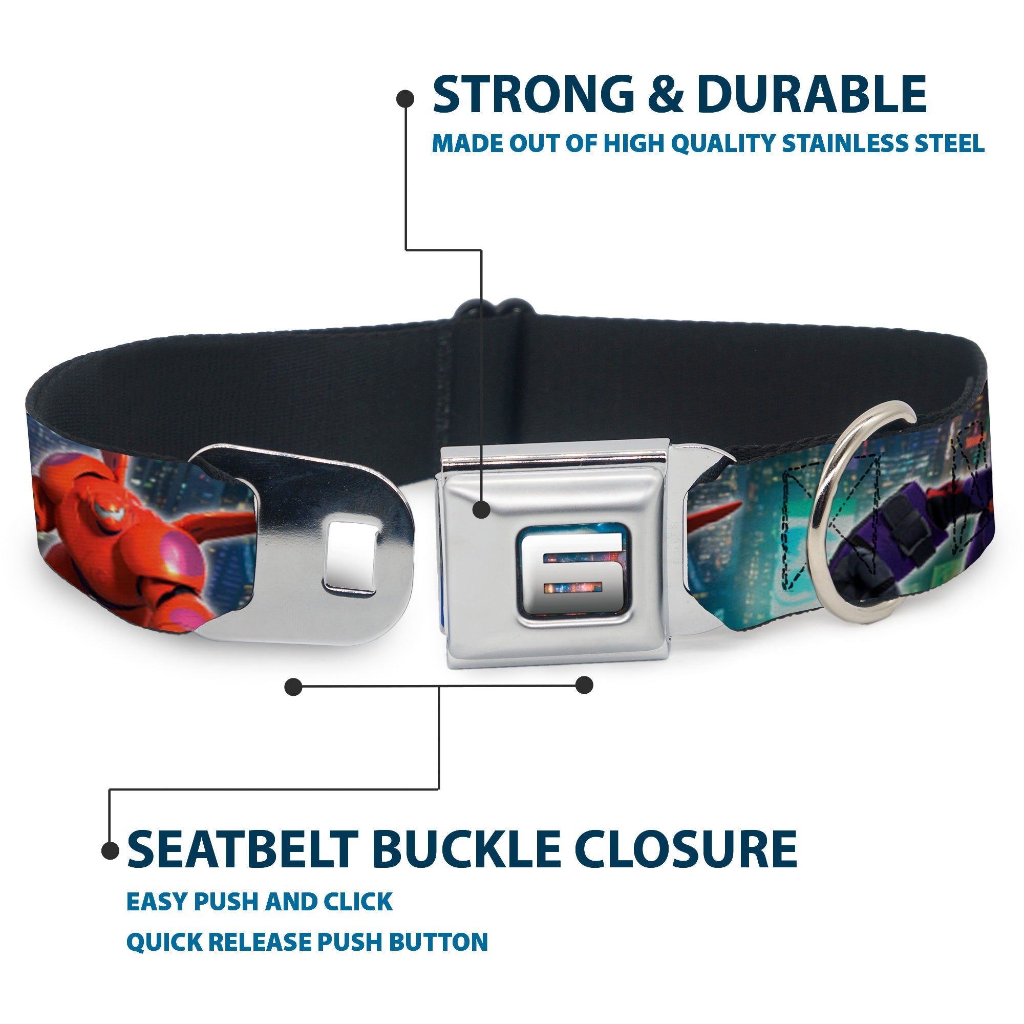 Big Hero "6" Name Blocks Full Color Black Gray White Seatbelt Buckle Collar - Hiro & Baymax Action Poses/San Fransokyo