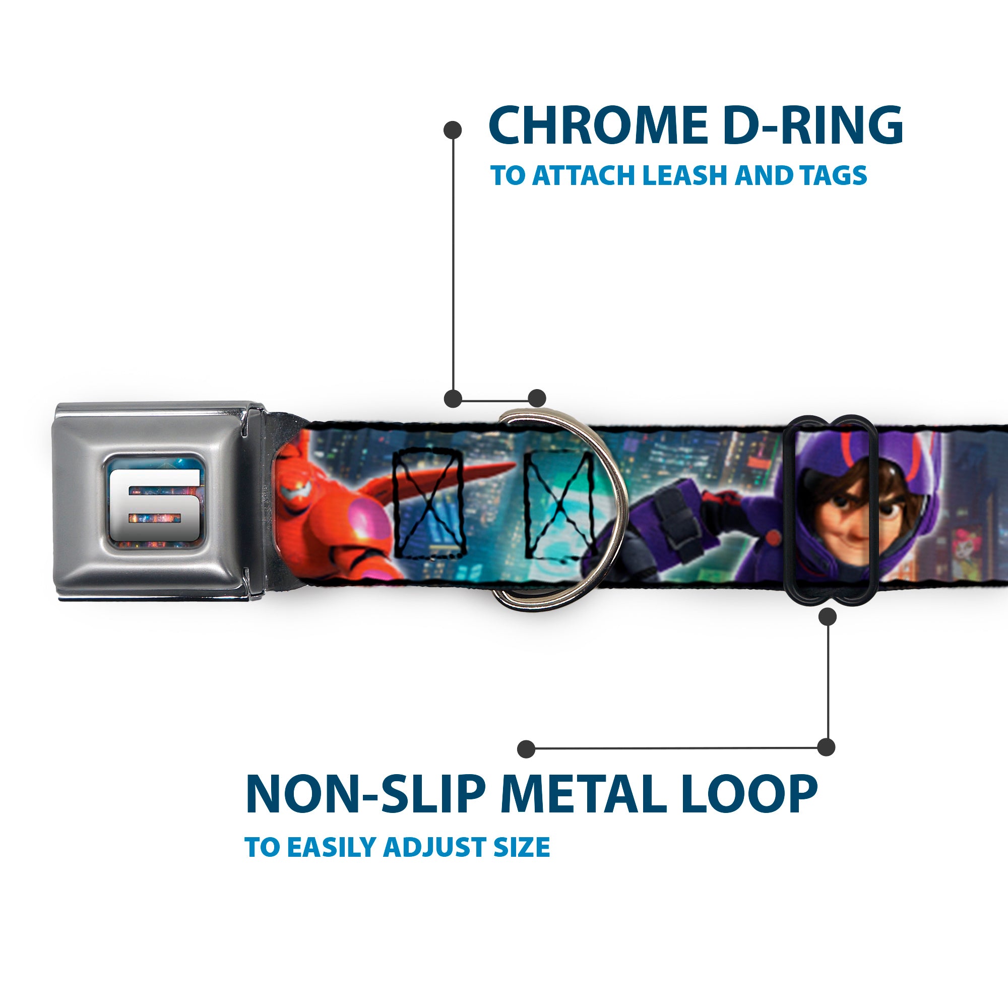 Big Hero "6" Name Blocks Full Color Black Gray White Seatbelt Buckle Collar - Hiro & Baymax Action Poses/San Fransokyo