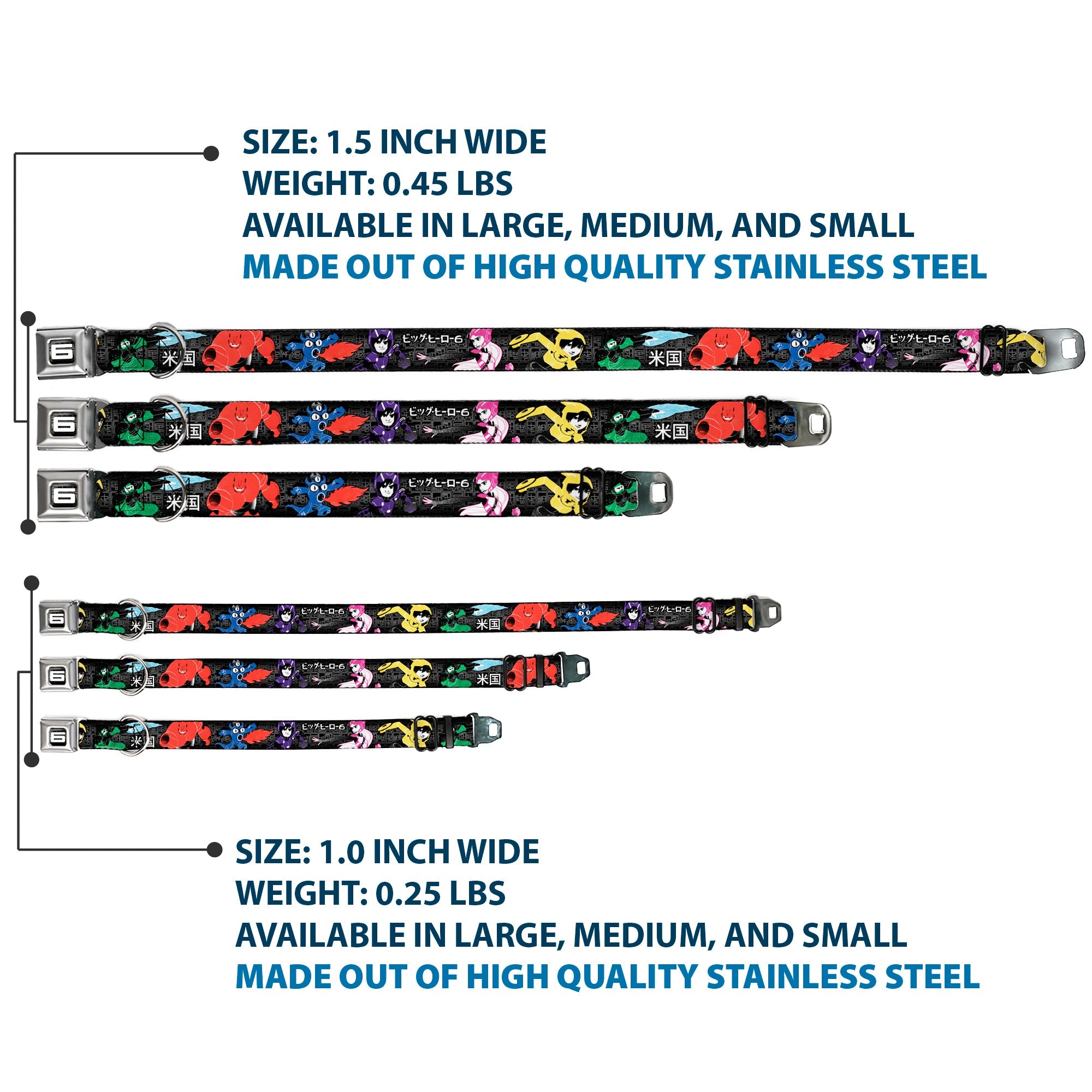 Big Hero "6" Name Blocks Full Color Black Gray White Seatbelt Buckle Collar - Big Hero 6 Group Action Pose/Name Blocks Black/Gray/Multi Color