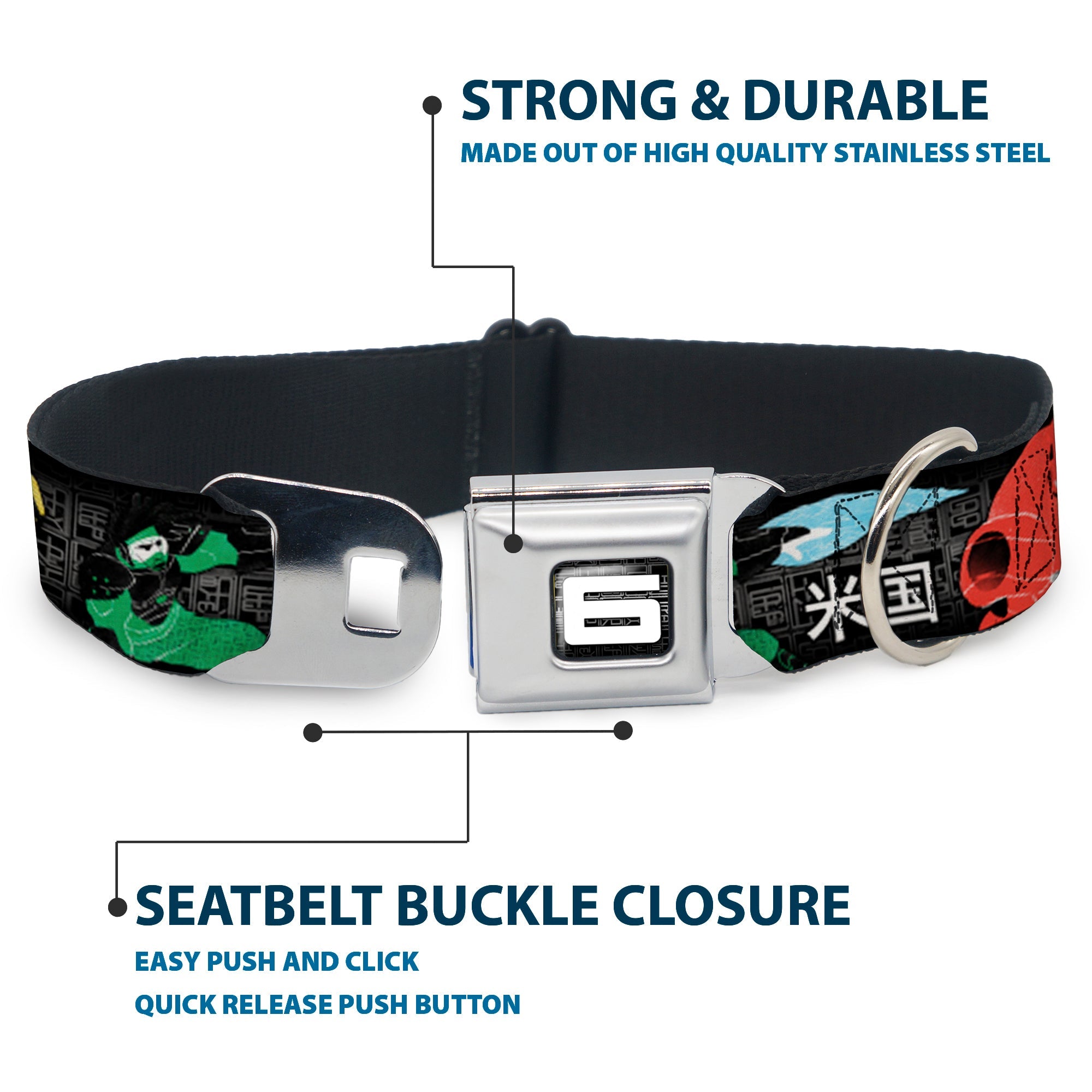 Big Hero "6" Name Blocks Full Color Black Gray White Seatbelt Buckle Collar - Big Hero 6 Group Action Pose/Name Blocks Black/Gray/Multi Color