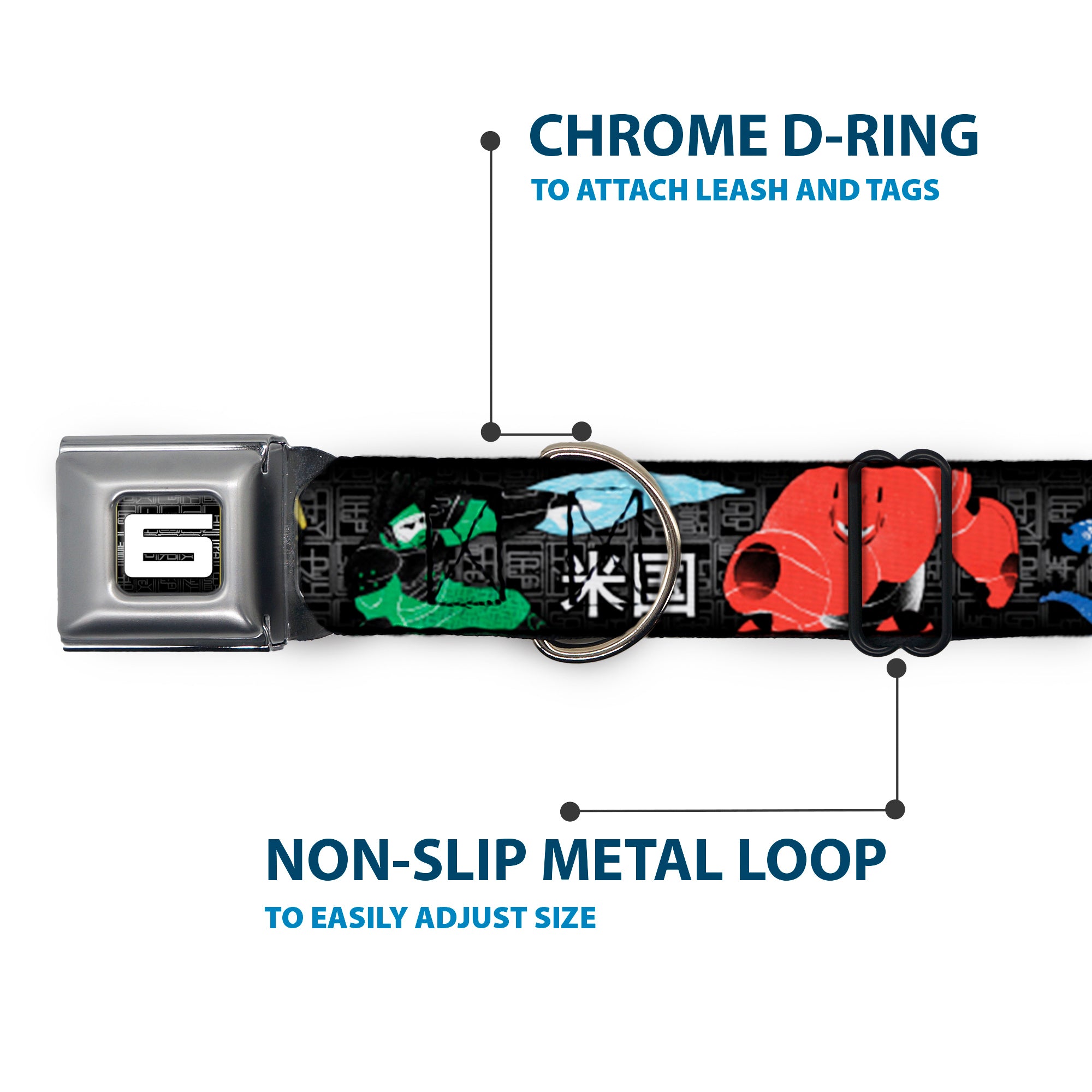 Big Hero "6" Name Blocks Full Color Black Gray White Seatbelt Buckle Collar - Big Hero 6 Group Action Pose/Name Blocks Black/Gray/Multi Color