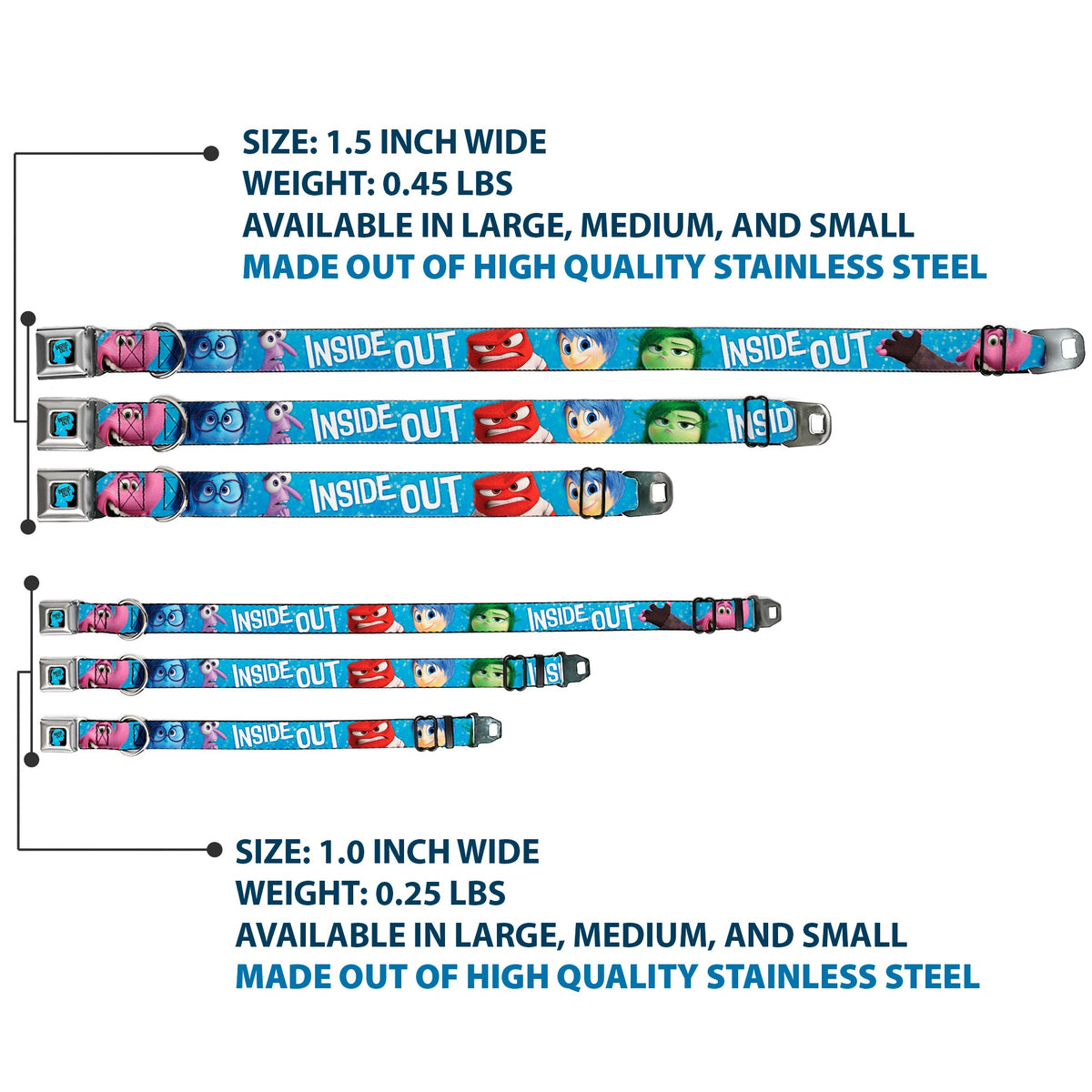 INSIDE OUT/Riley Silhouette Full Color Black/Sparkle Blue Seatbelt Buckle Collar - INSIDE OUT 6-Character Pose Sparkle Blue/White
