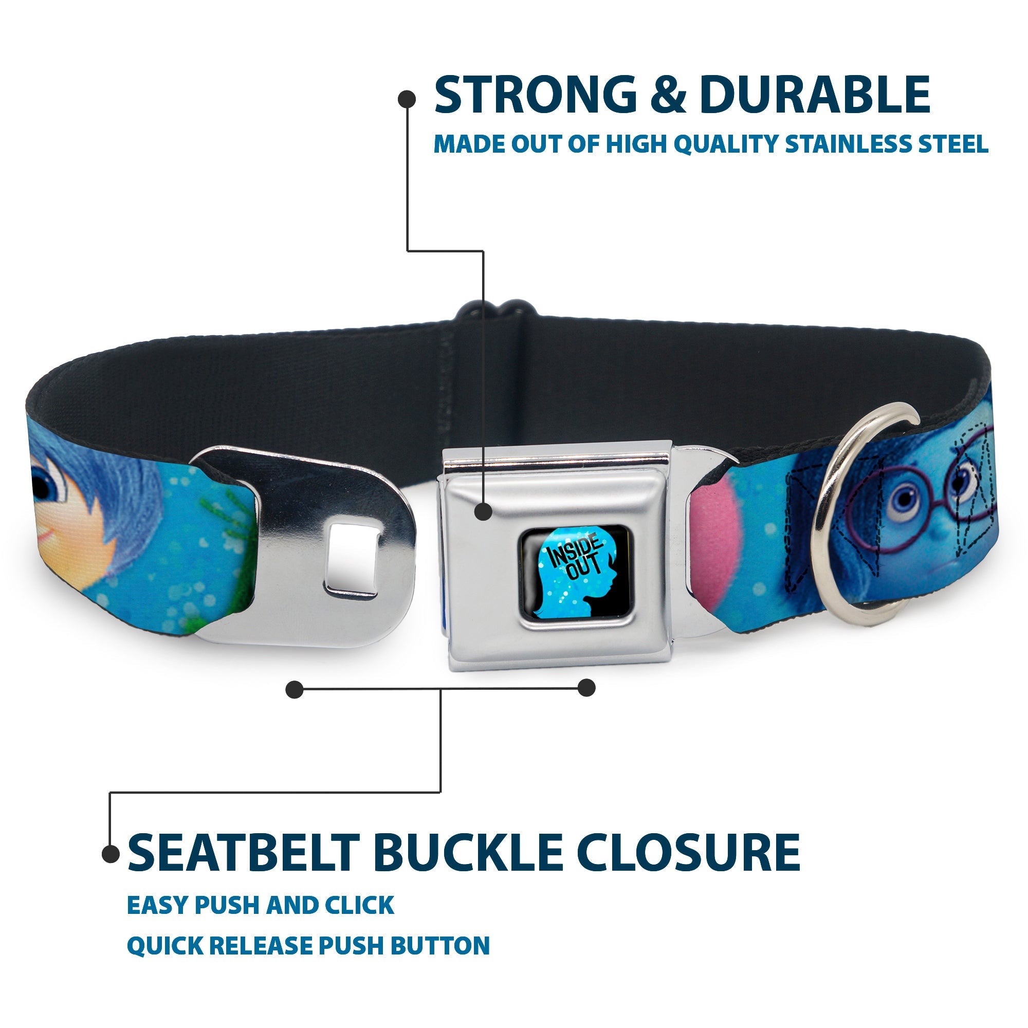 INSIDE OUT/Riley Silhouette Full Color Black/Sparkle Blue Seatbelt Buckle Collar - INSIDE OUT 6-Character Pose Sparkle Blue/White