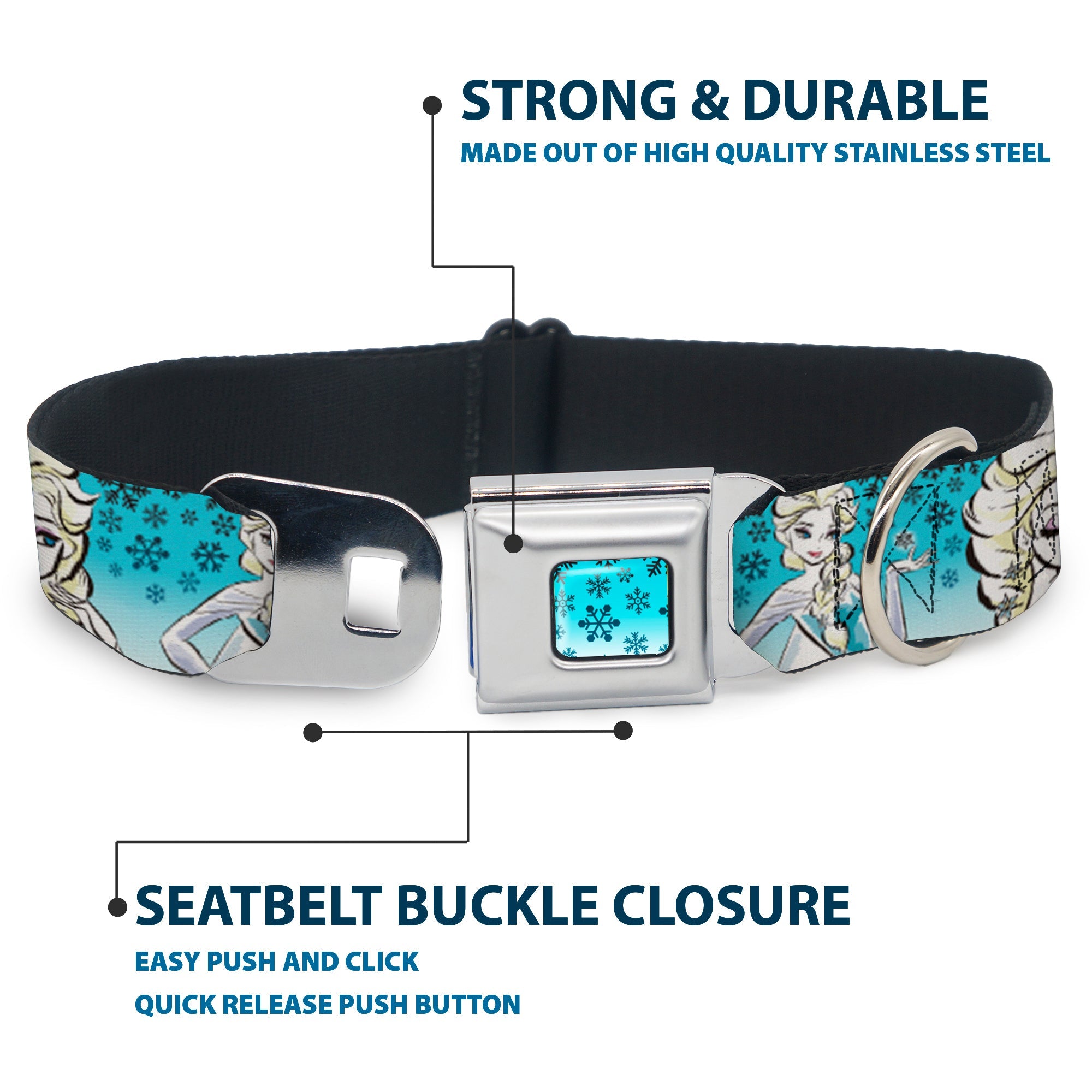 Snowflakes Frozen Art Collection Full Color Blues/White Seatbelt Buckle Collar - Anna/Snowflakes Frozen Art Collection Poses