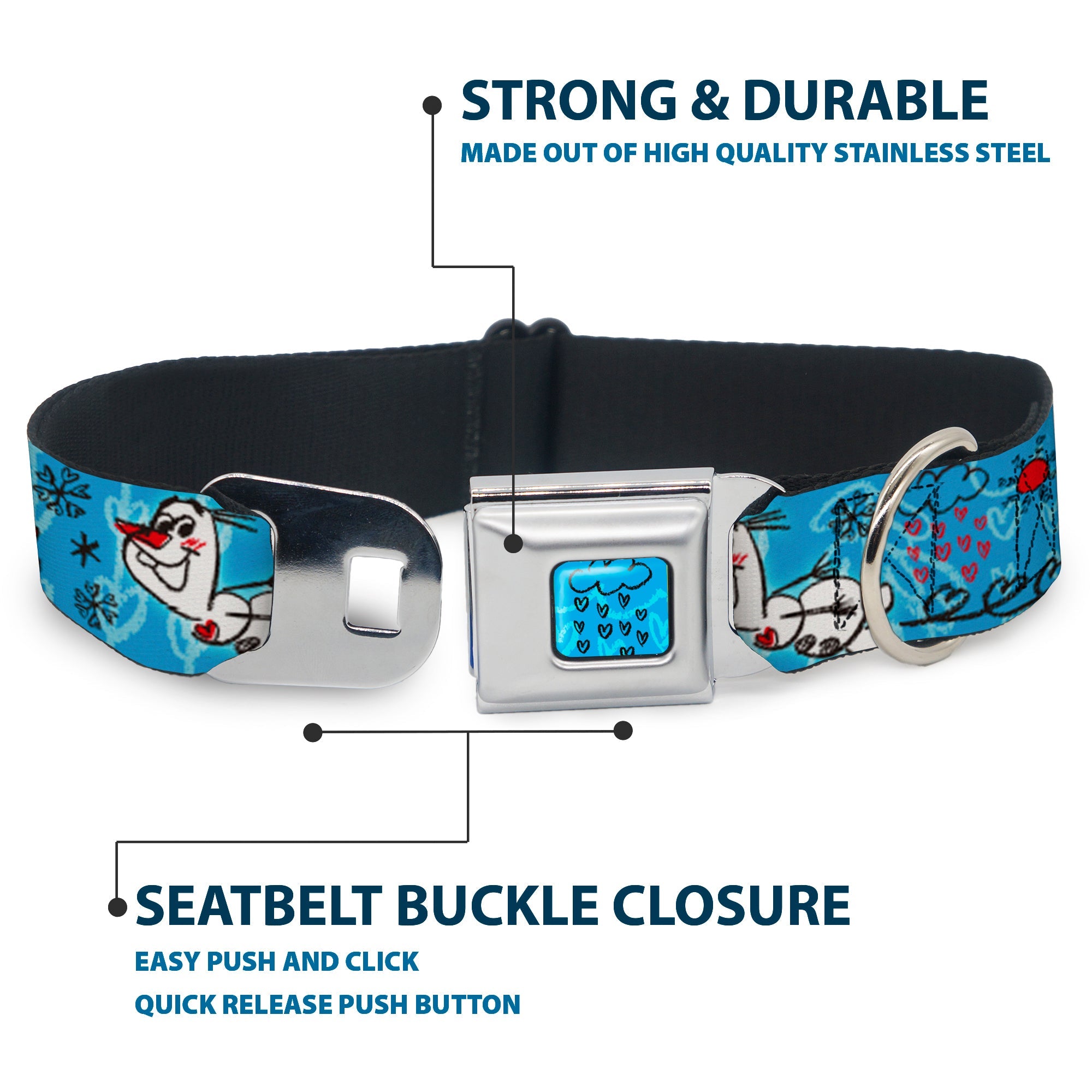 Frozen Cloud/Heart Raindrop Sketch Full Color Blues/Black Seatbelt Buckle Collar - Olaf Heart Raindrop Sketch Blues/Black