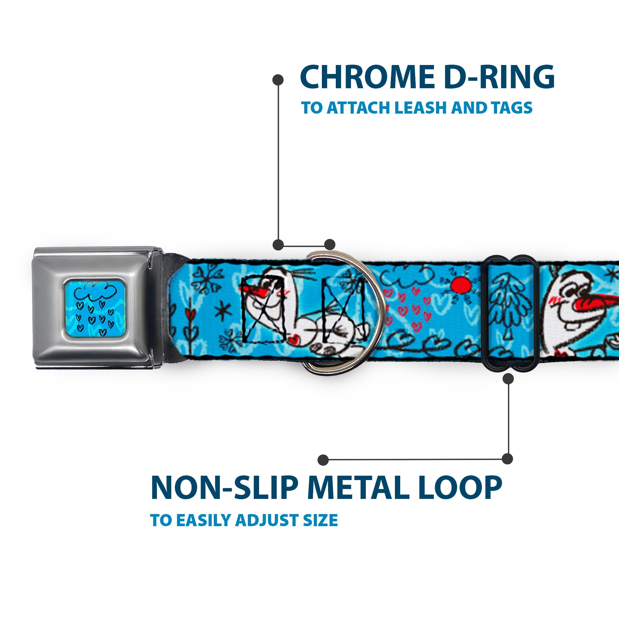 Frozen Cloud/Heart Raindrop Sketch Full Color Blues/Black Seatbelt Buckle Collar - Olaf Heart Raindrop Sketch Blues/Black