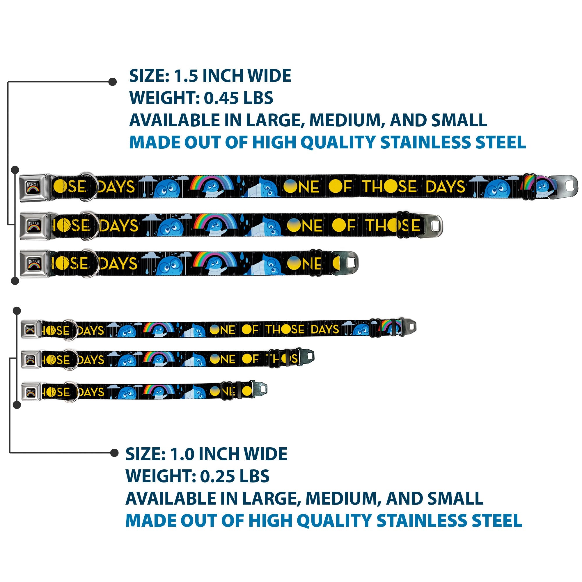 INSIDE OUT Rainbow Full Color Black/White/Multi Color Seatbelt Buckle Collar - Joy Poses/Rain ONE OF THOSE DAYS Black/Gray/Blues/Yellow