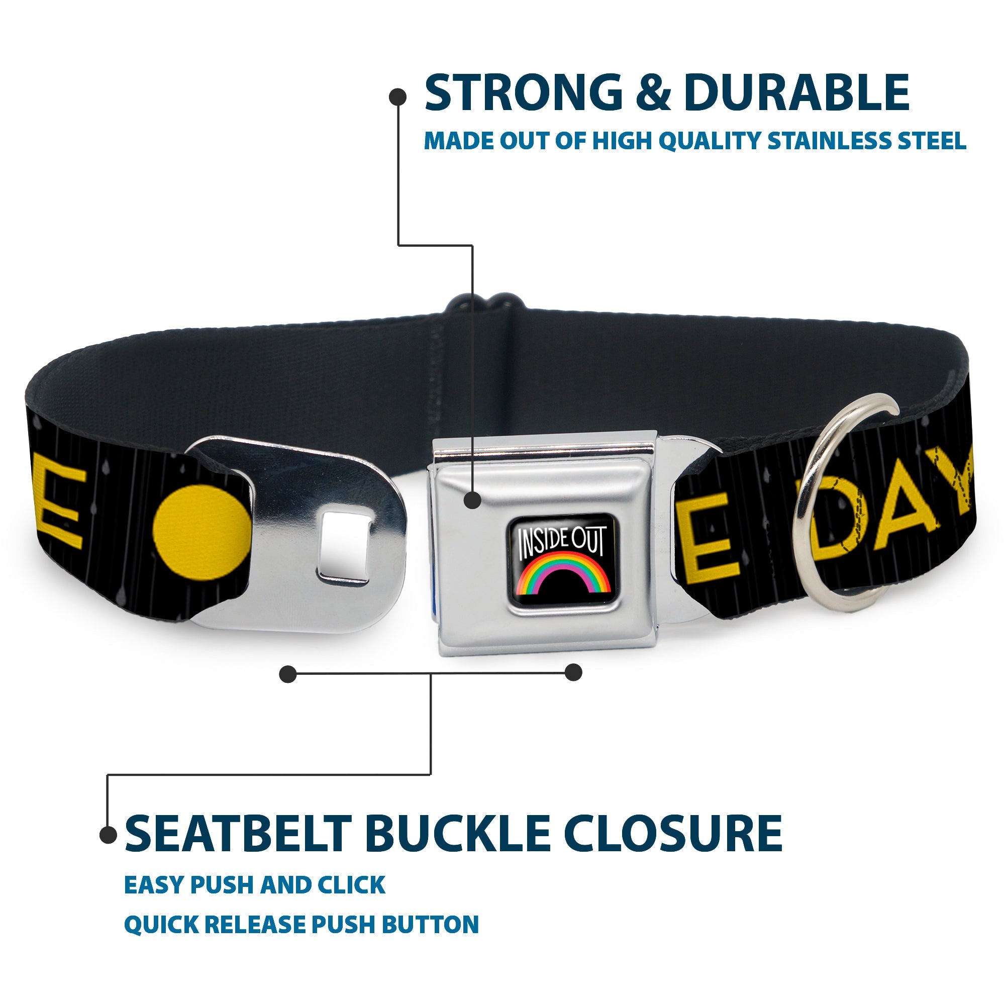 INSIDE OUT Rainbow Full Color Black/White/Multi Color Seatbelt Buckle Collar - Joy Poses/Rain ONE OF THOSE DAYS Black/Gray/Blues/Yellow