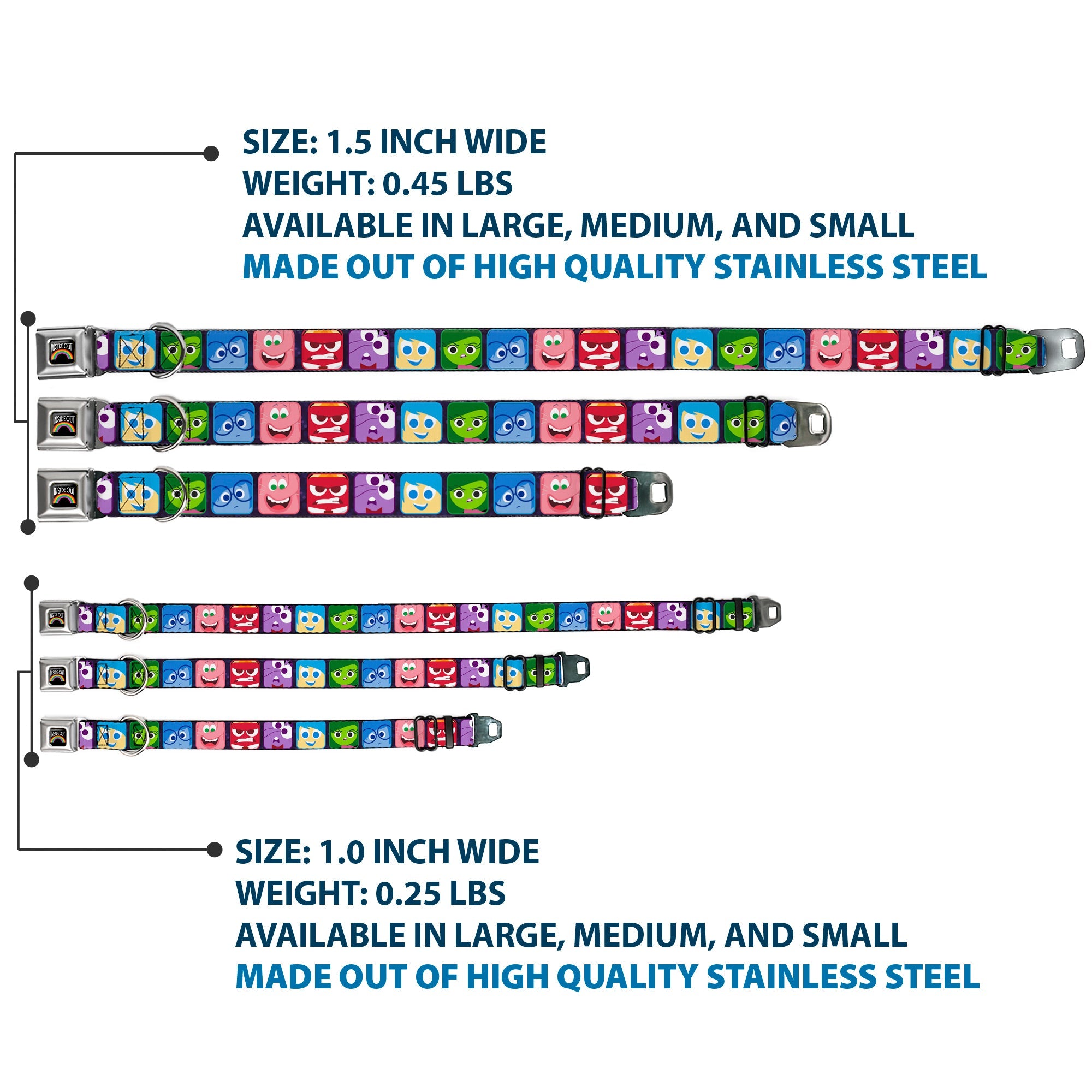 INSIDE OUT Rainbow Full Color Black White Multi Color Seatbelt Buckle Collar - Inside Out 6-Character Esxpression Blocks Purple/Multi Color