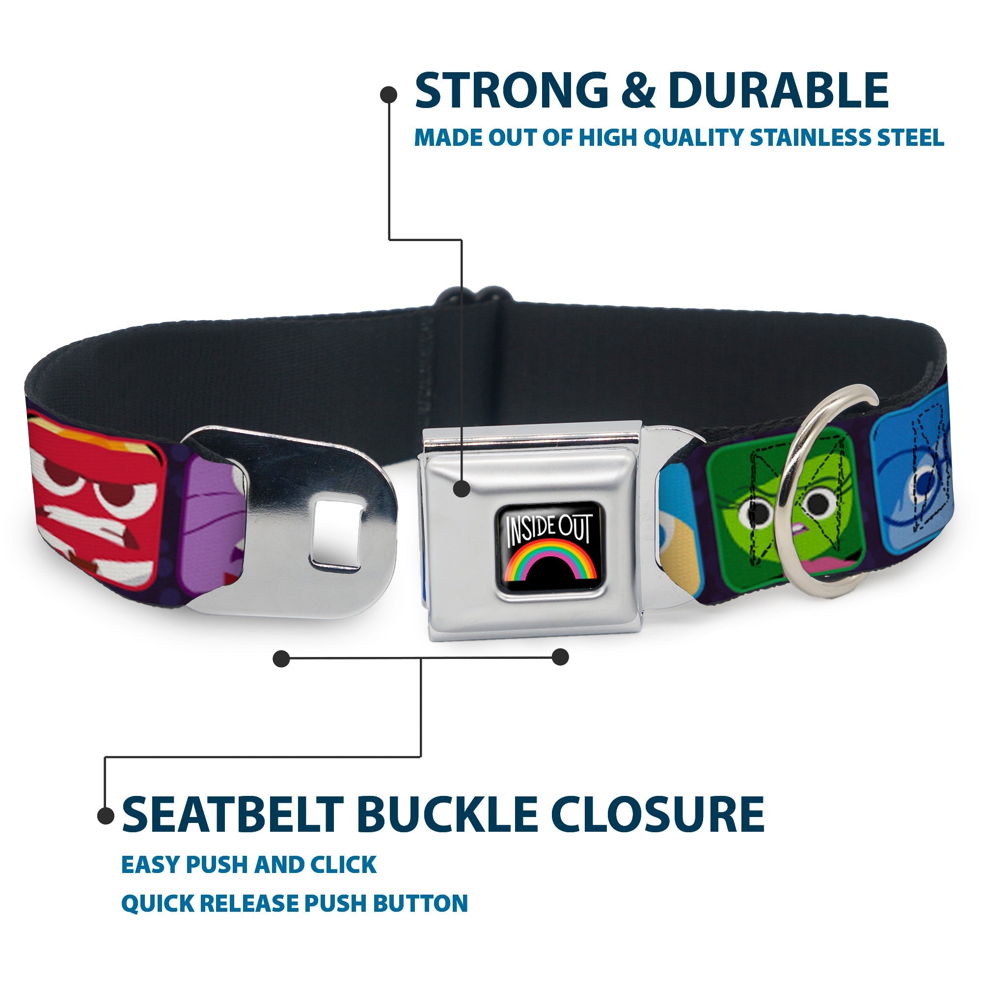 INSIDE OUT Rainbow Full Color Black White Multi Color Seatbelt Buckle Collar - Inside Out 6-Character Esxpression Blocks Purple/Multi Color