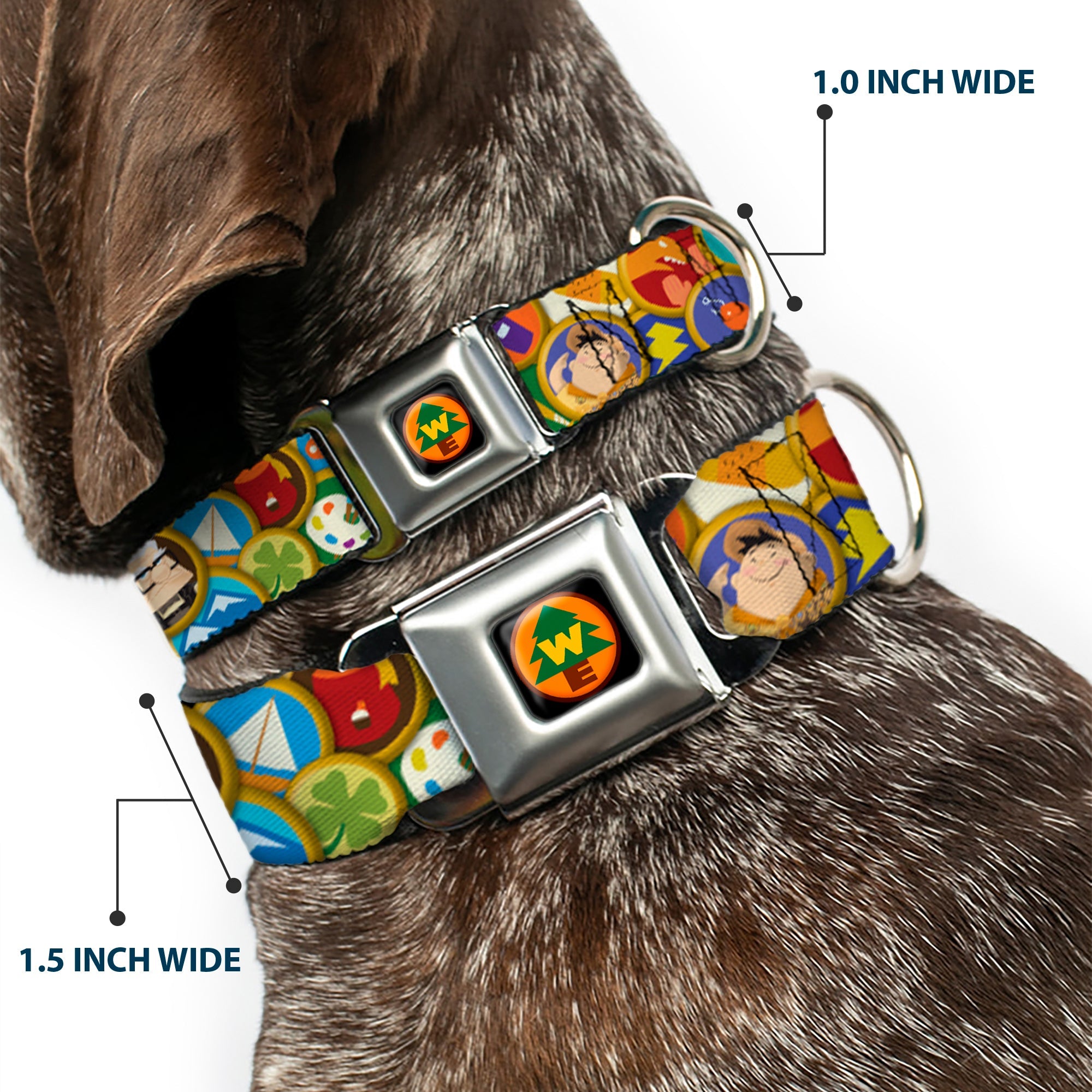 WE Wilderness Explorers Badge Full Color Black Seatbelt Buckle Collar - Stacked Wilderness Explorers Badges
