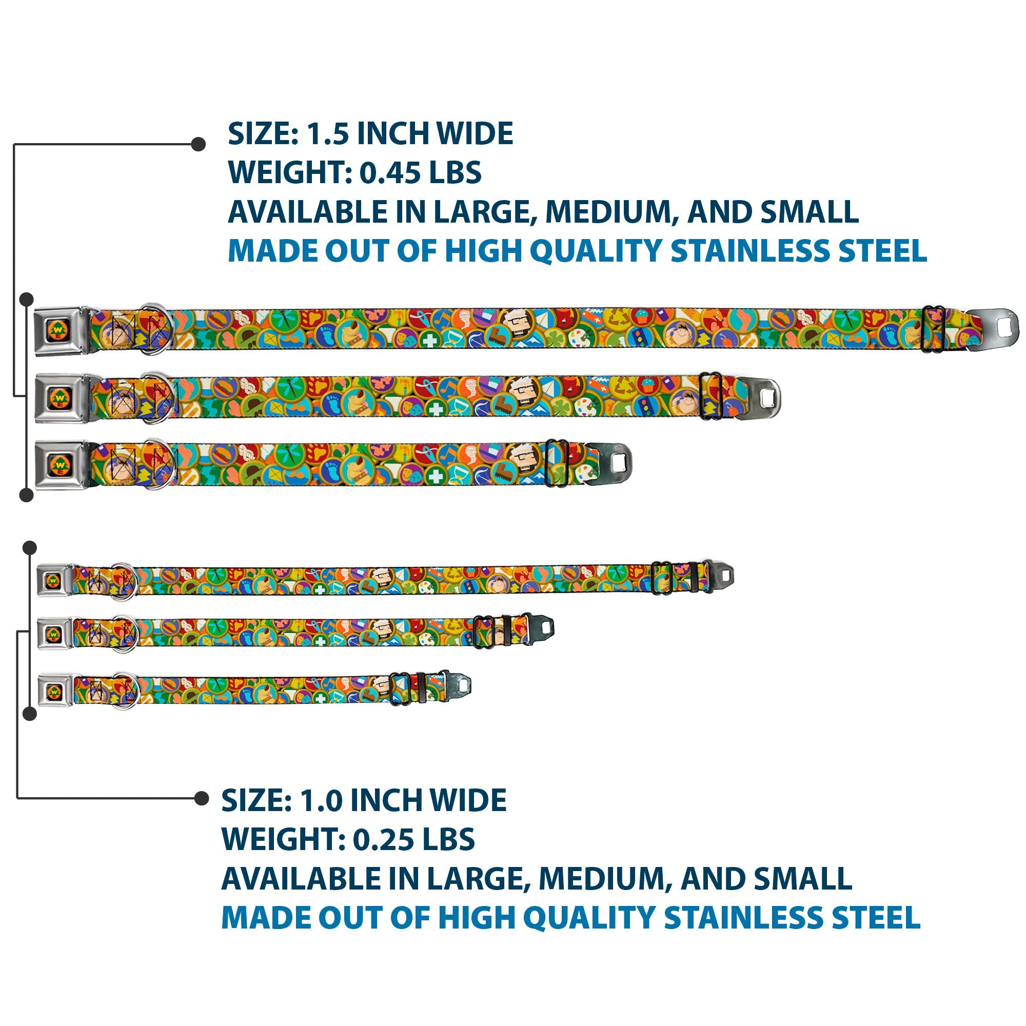 WE Wilderness Explorers Badge Full Color Black Seatbelt Buckle Collar - Stacked Wilderness Explorers Badges