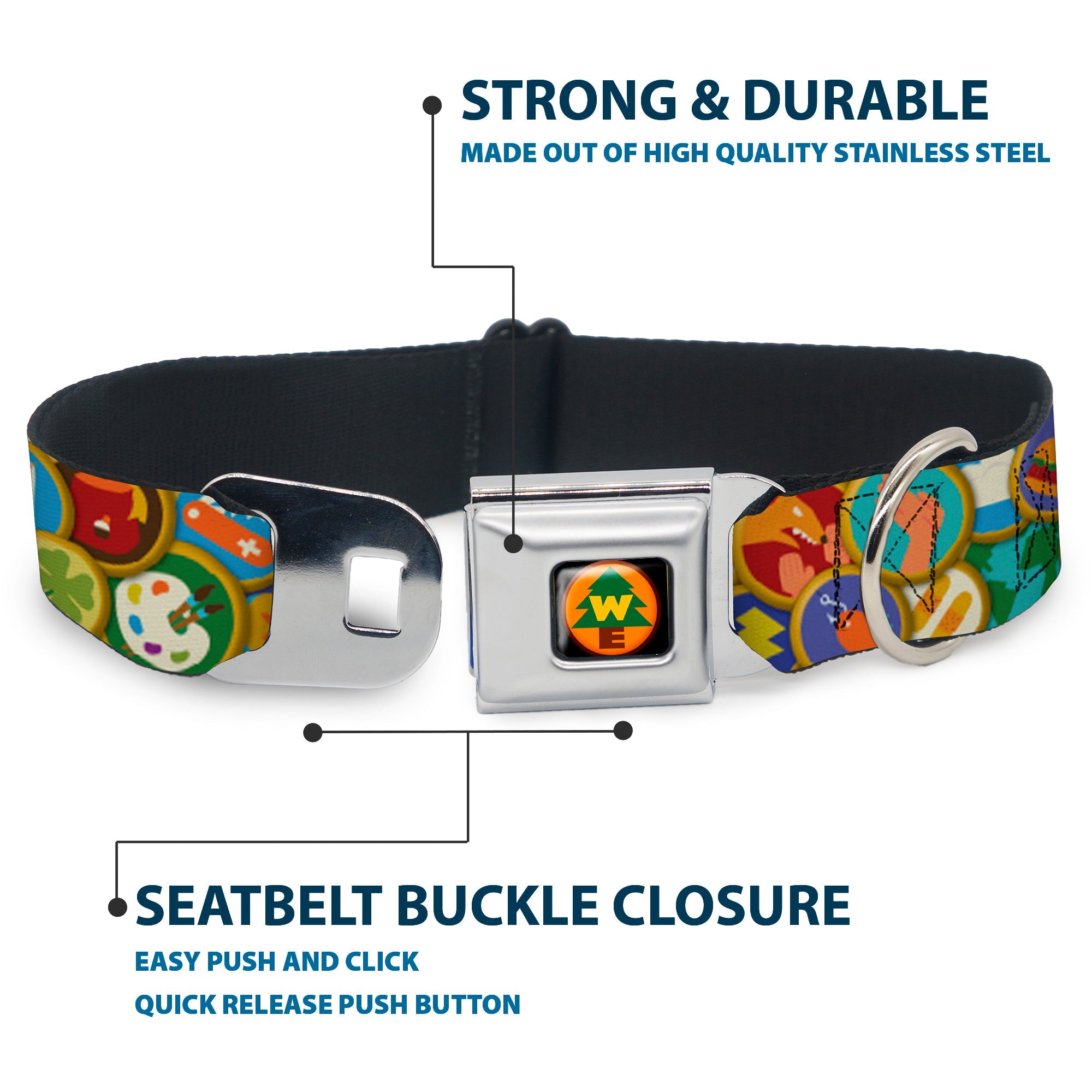 WE Wilderness Explorers Badge Full Color Black Seatbelt Buckle Collar - Stacked Wilderness Explorers Badges