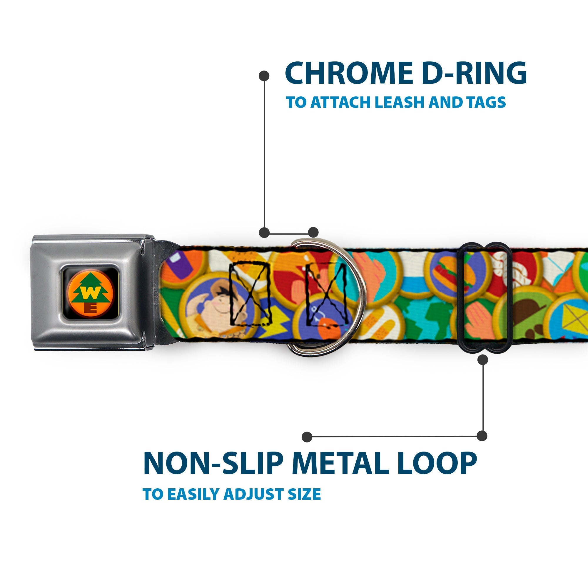 WE Wilderness Explorers Badge Full Color Black Seatbelt Buckle Collar - Stacked Wilderness Explorers Badges