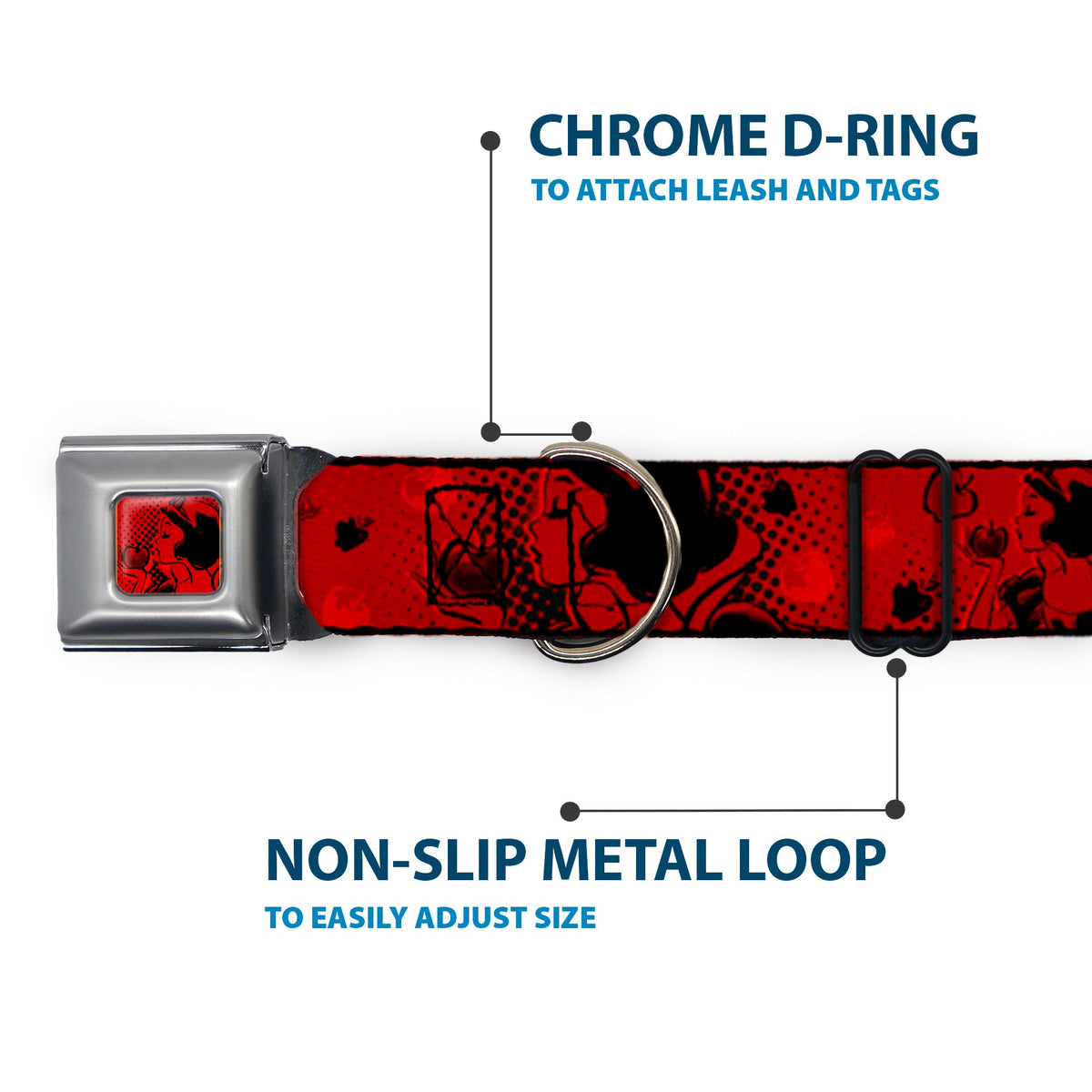 Snow White & Apple Full Color Reds/Black Seatbelt Buckle Collar - SNOW WHITE Poses/Apple Halftone Reds/Black