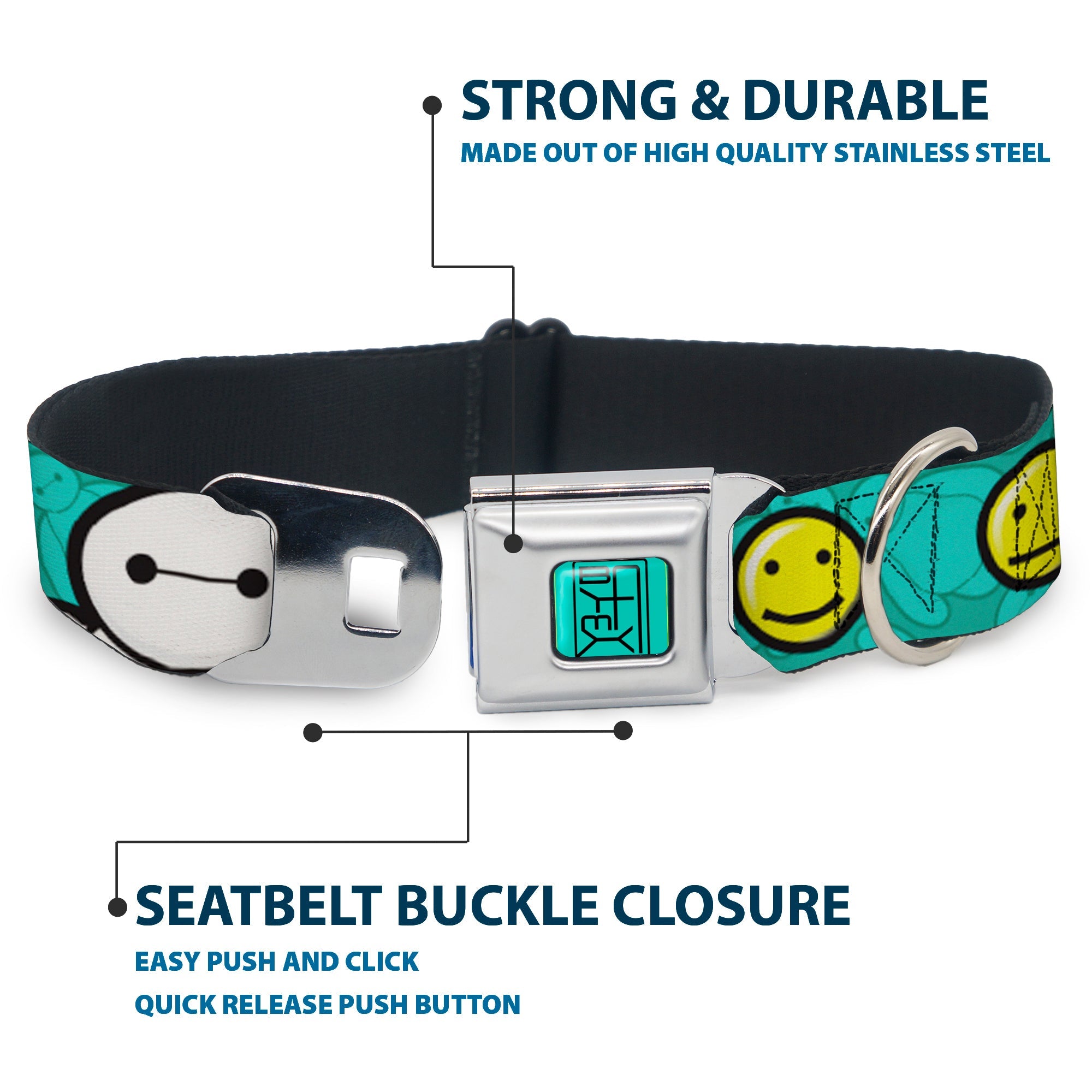 BAYMAX Hanko Full Color Turquoise Black Seatbelt Buckle Collar - Baymax/Mood Expressions/Baymax Scattered Turquoise