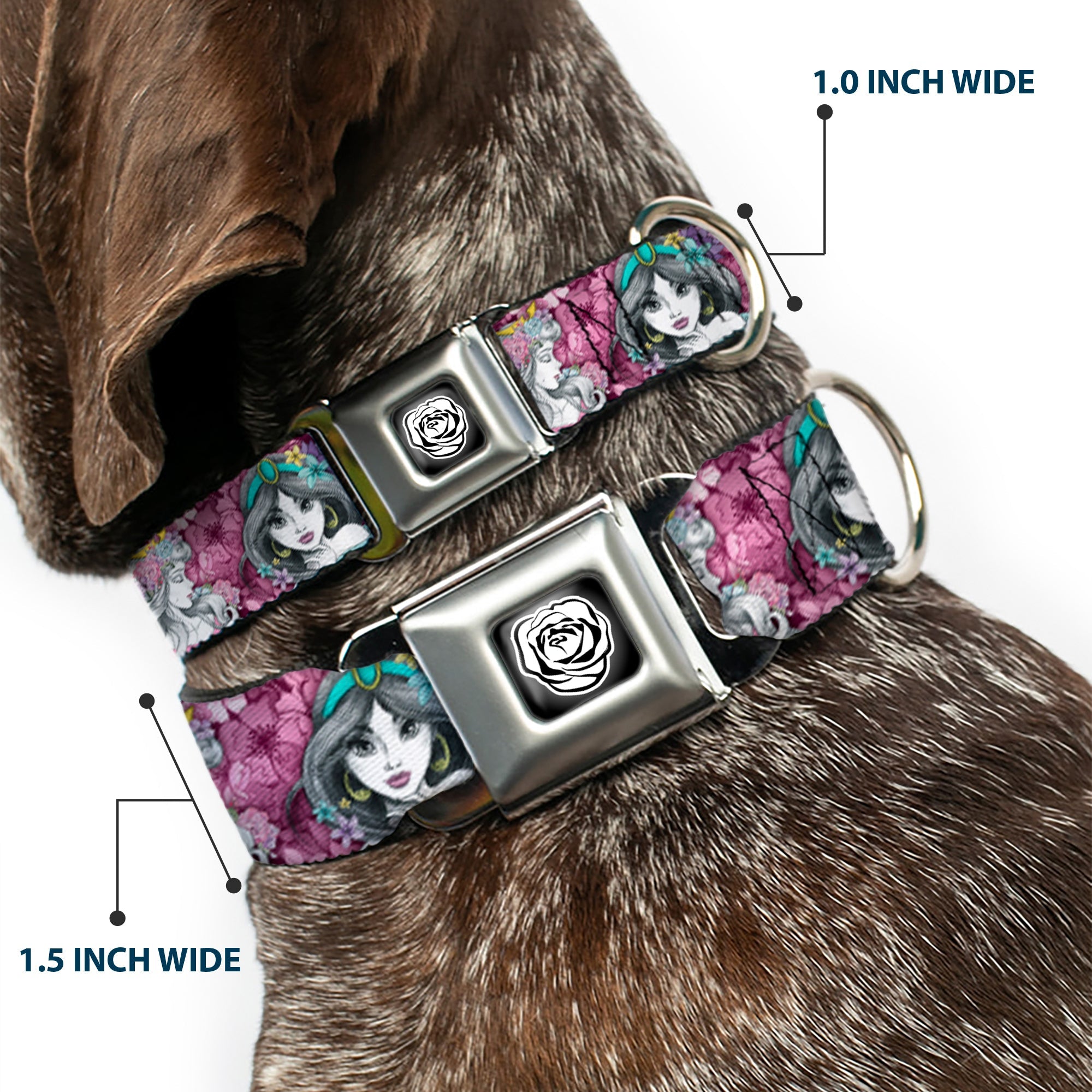 Princess Rose Full Color Grays/White/Black Seatbelt Buckle Collar - Princess Sketch Poses/Floral Collage Pinks/Grays