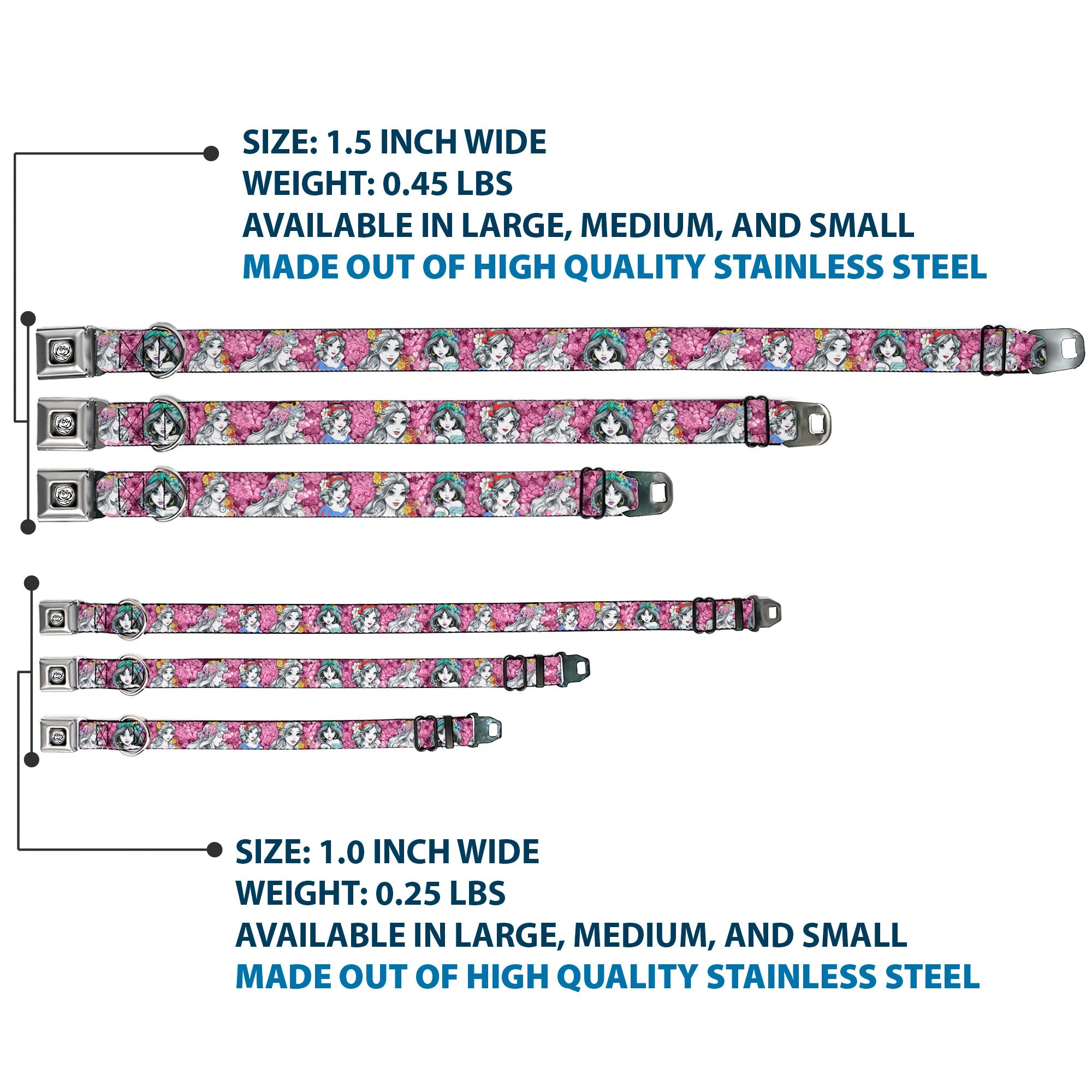 Princess Rose Full Color Grays/White/Black Seatbelt Buckle Collar - Princess Sketch Poses/Floral Collage Pinks/Grays