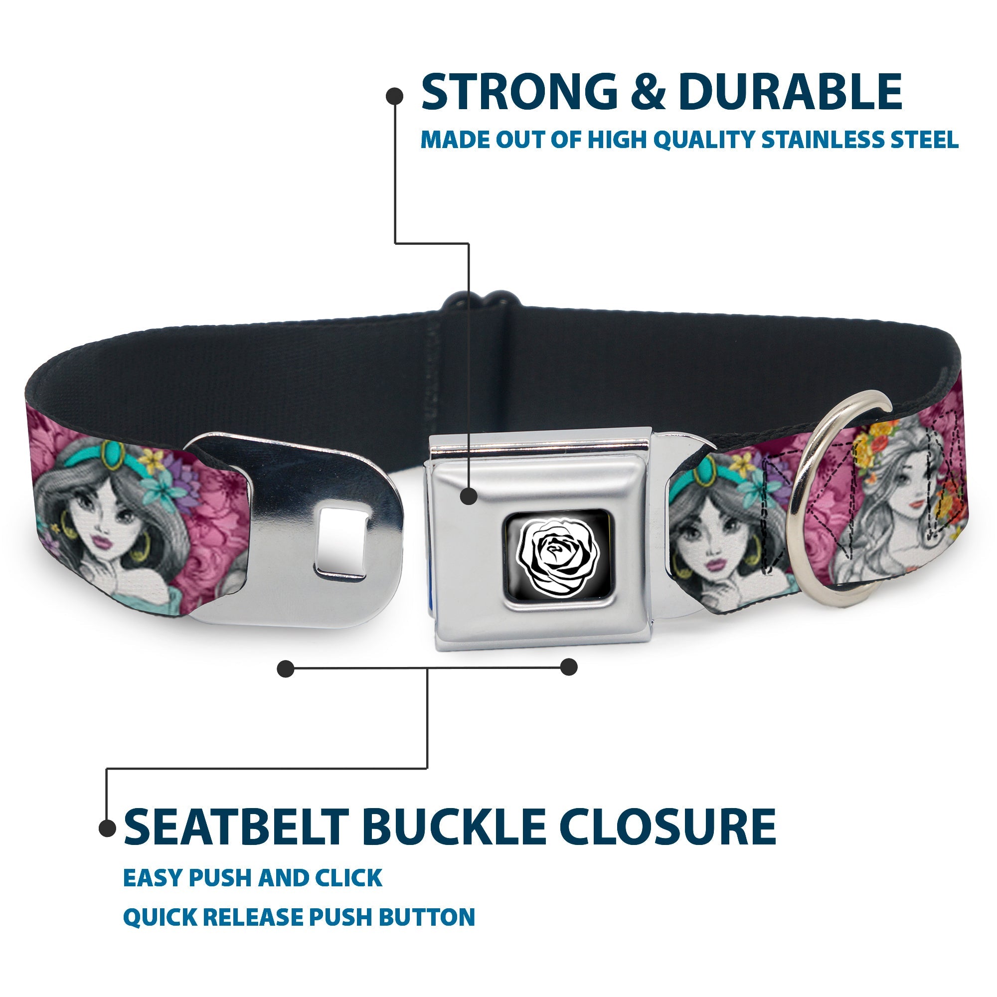 Princess Rose Full Color Grays/White/Black Seatbelt Buckle Collar - Princess Sketch Poses/Floral Collage Pinks/Grays