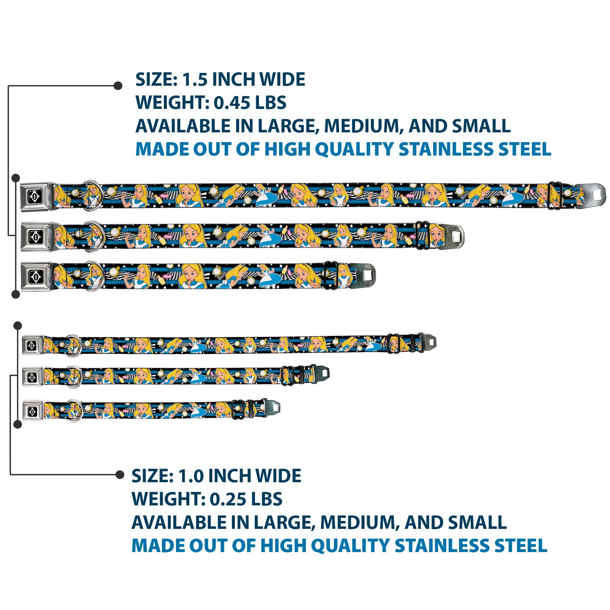 Alice Keyhole Full Color Black/White Seatbelt Buckle Collar - Alice in Wonderland Poses/Clock/Bottle Diamond/Stripe Black/White/Blues