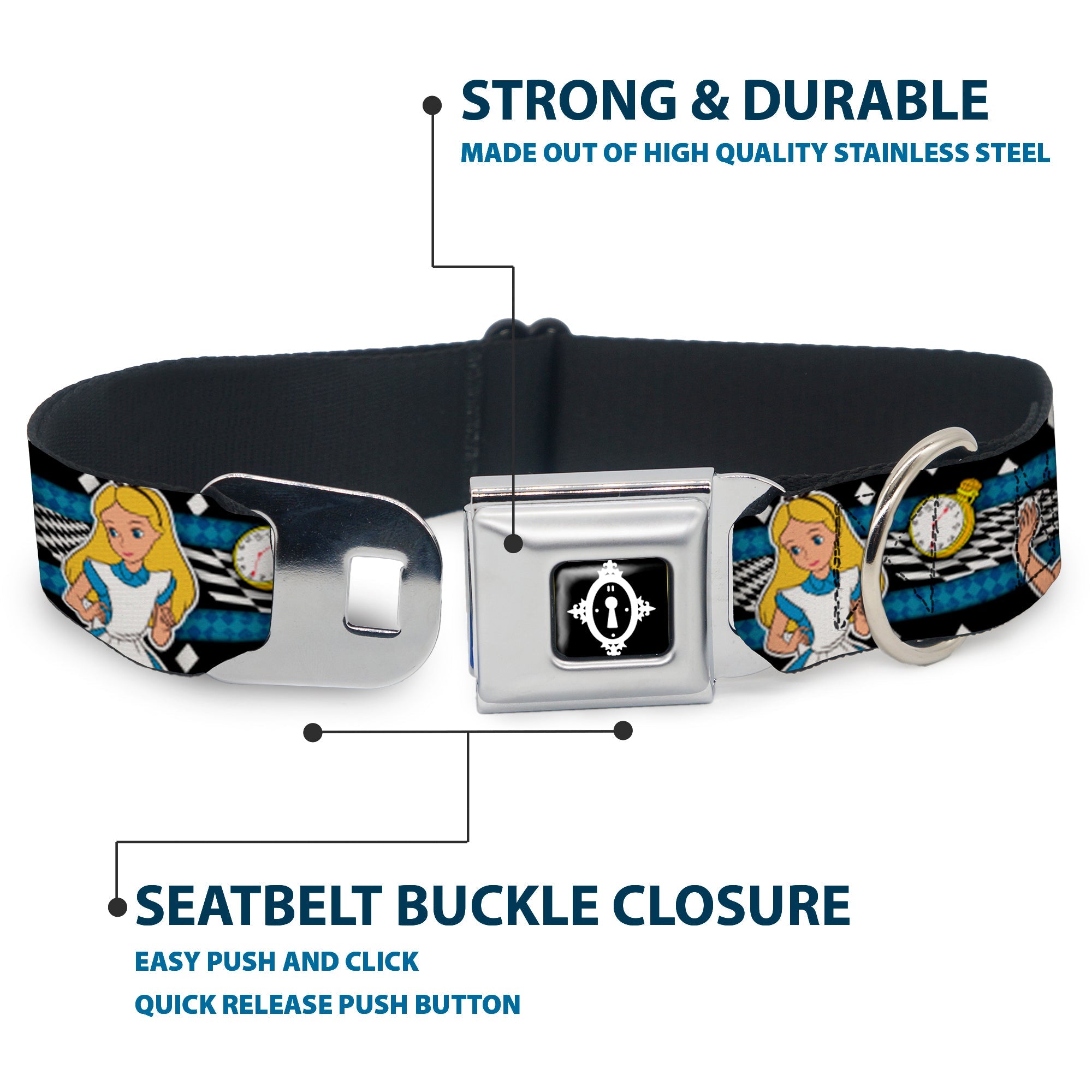 Alice Keyhole Full Color Black/White Seatbelt Buckle Collar - Alice in Wonderland Poses/Clock/Bottle Diamond/Stripe Black/White/Blues