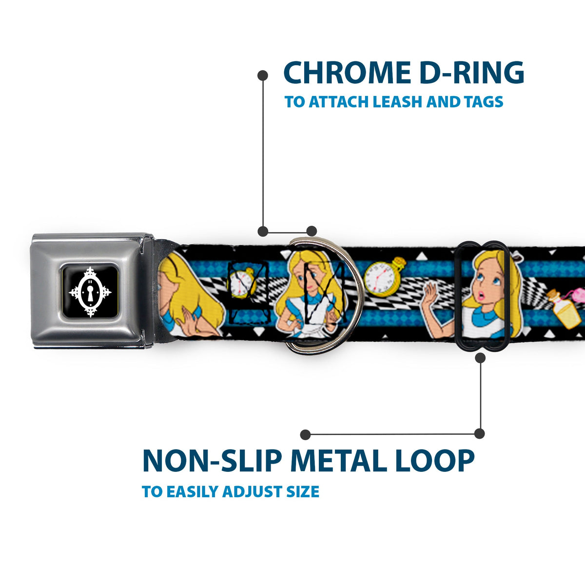 Alice Keyhole Full Color Black/White Seatbelt Buckle Collar - Alice in Wonderland Poses/Clock/Bottle Diamond/Stripe Black/White/Blues