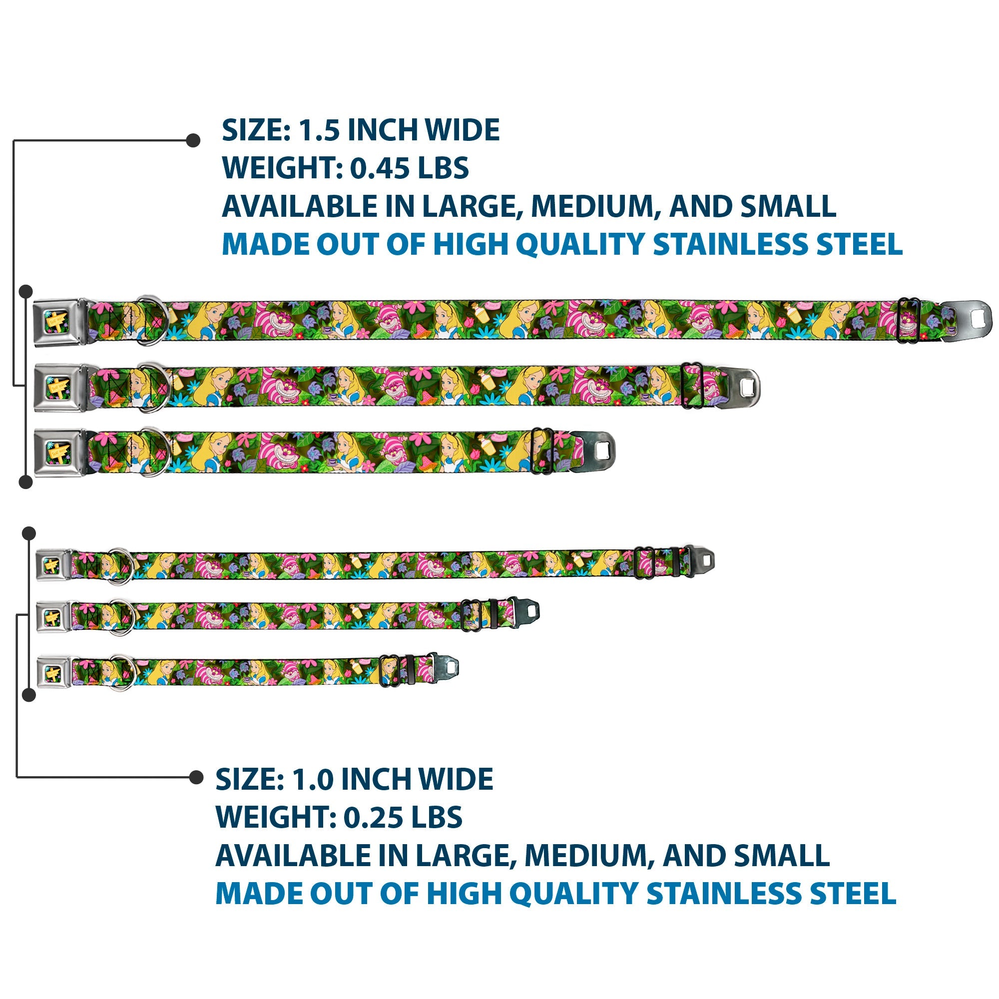 Alice in Wonderland THIS WAY Sign/Flowers Full Color Seatbelt Buckle Collar - Alice & Cheshire Cat Poses/Flowers