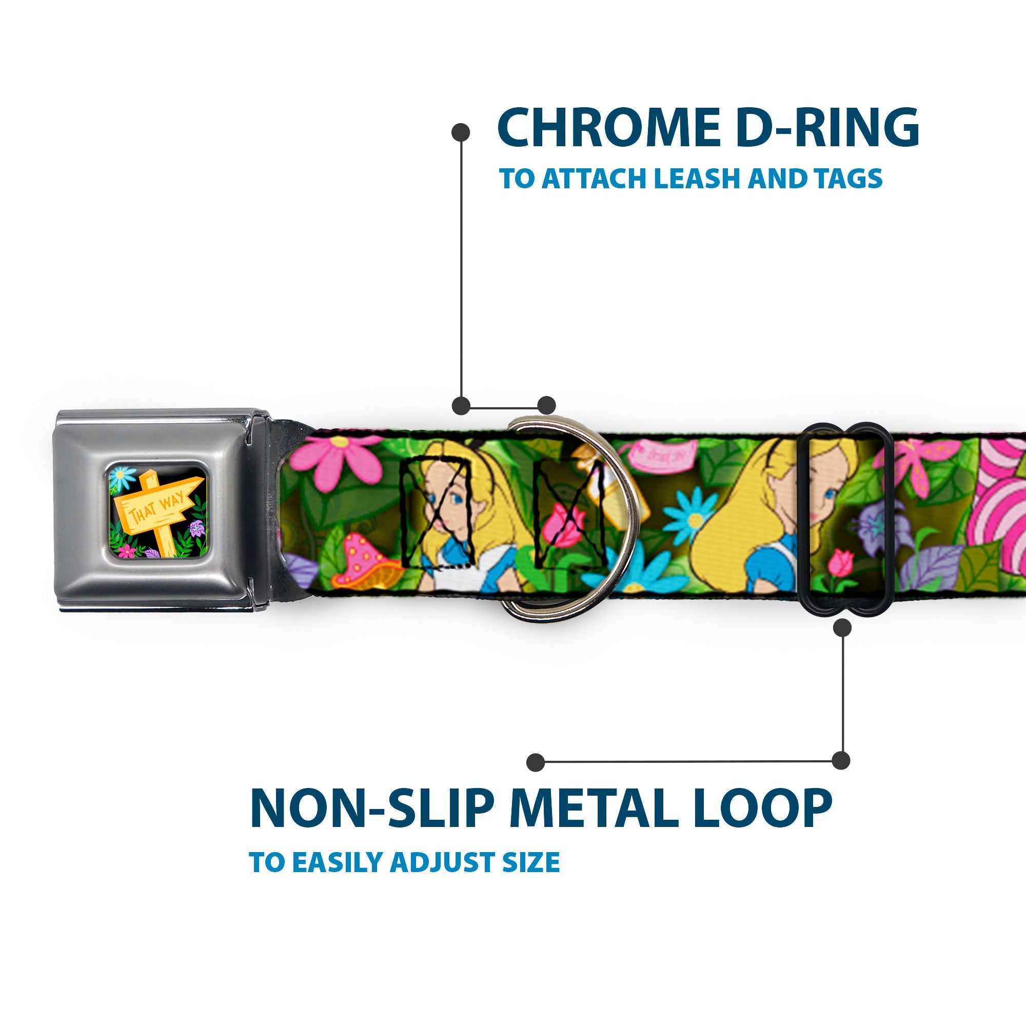 Alice in Wonderland THIS WAY Sign/Flowers Full Color Seatbelt Buckle Collar - Alice & Cheshire Cat Poses/Flowers