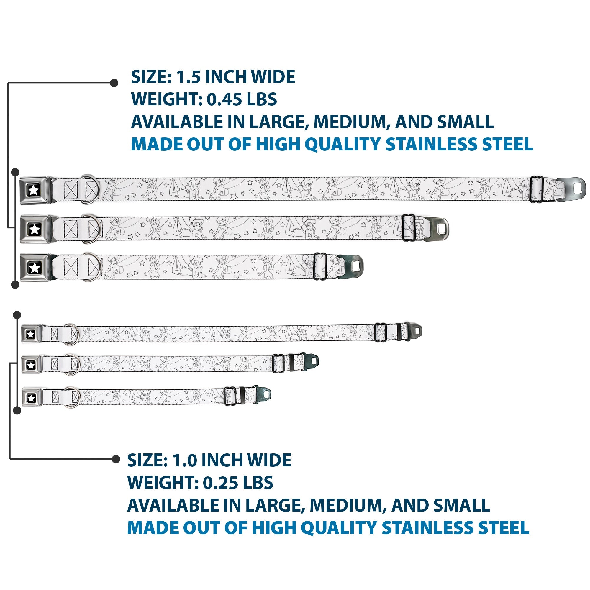 Tinker Bell Star Full Color Black/White Seatbelt Buckle Collar - Tinker Bell Poses/Stars Outline White/Black