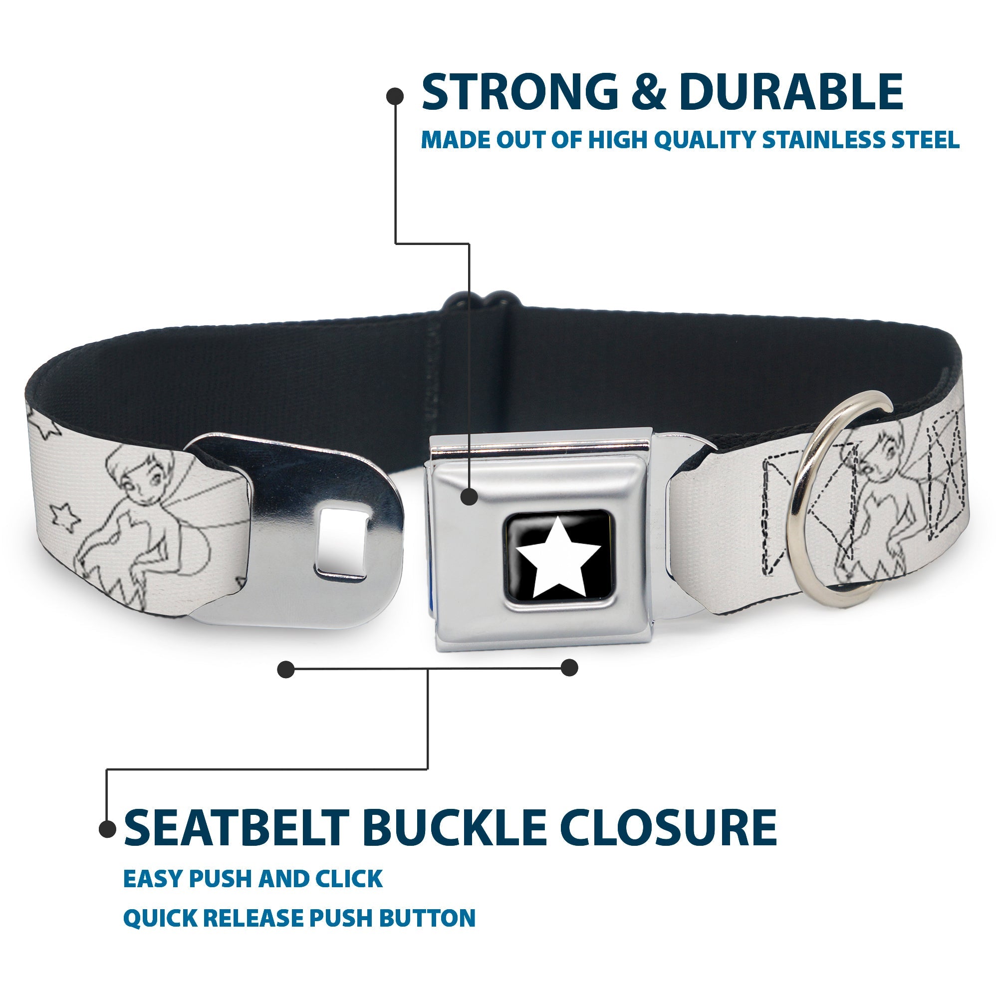 Tinker Bell Star Full Color Black/White Seatbelt Buckle Collar - Tinker Bell Poses/Stars Outline White/Black