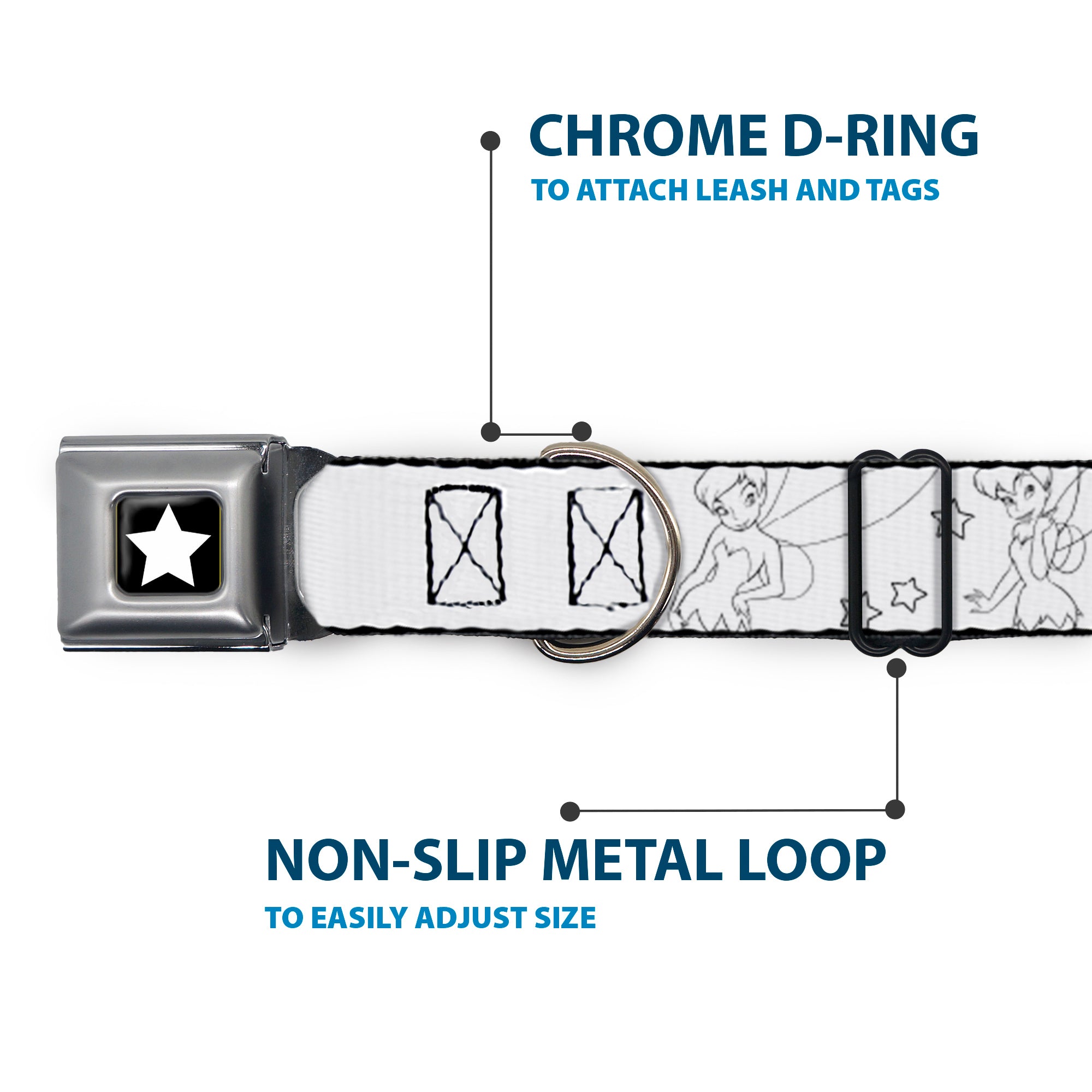 Tinker Bell Star Full Color Black/White Seatbelt Buckle Collar - Tinker Bell Poses/Stars Outline White/Black