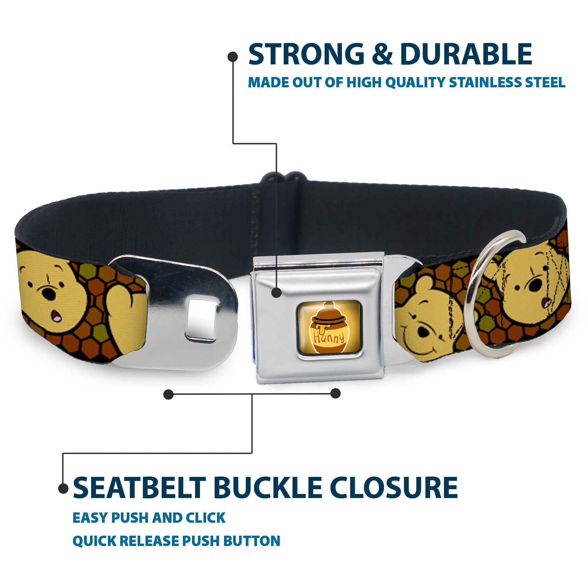 HUNNY Pot Full Color Black/Browns Seatbelt Buckle Collar - Winnie the Pooh Expressions/Honeycomb Black/Browns