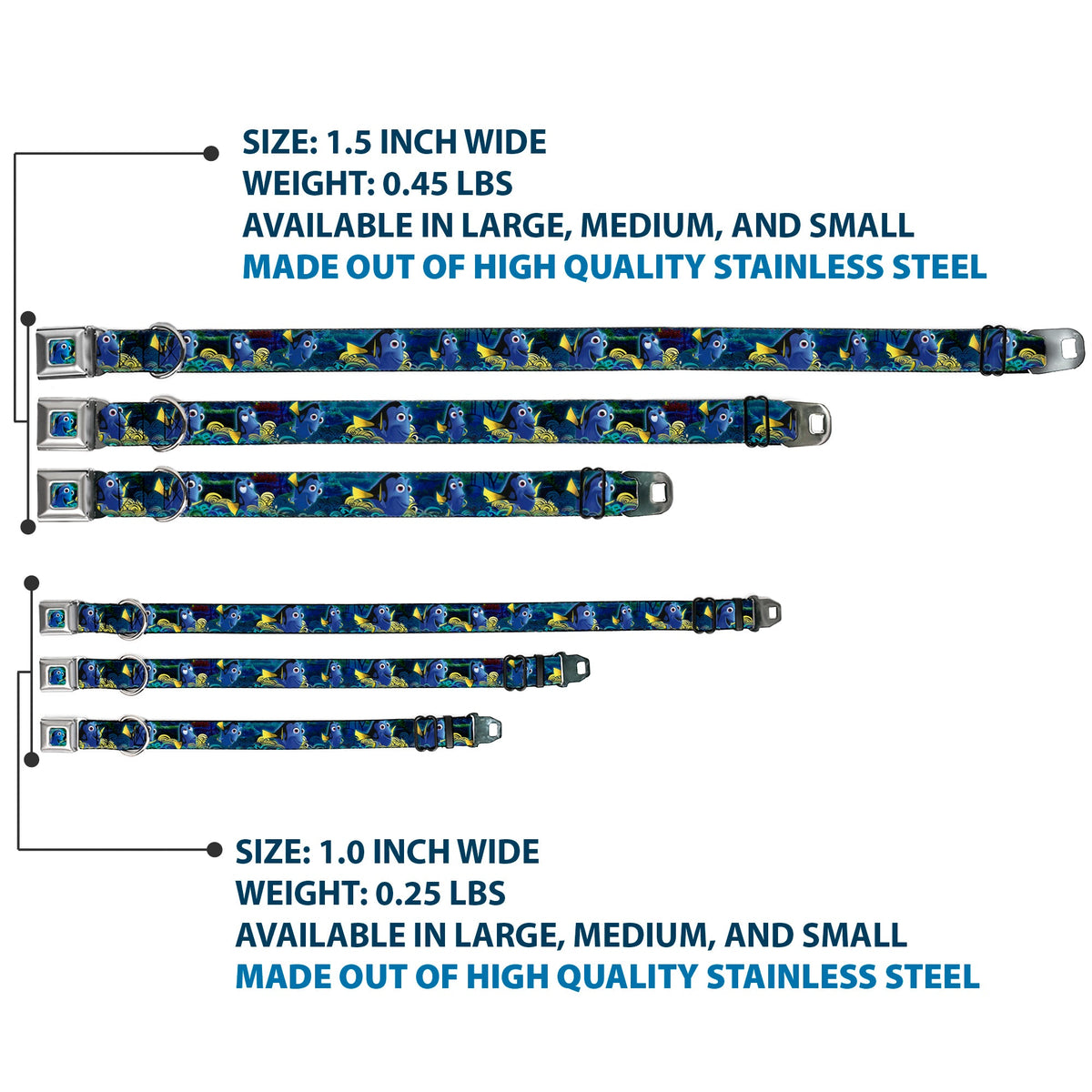 Dory Pose2/Swirls Full Color Blues/Yellows Seatbelt Buckle Collar - Dory Poses/Swirls Blues/Yellows