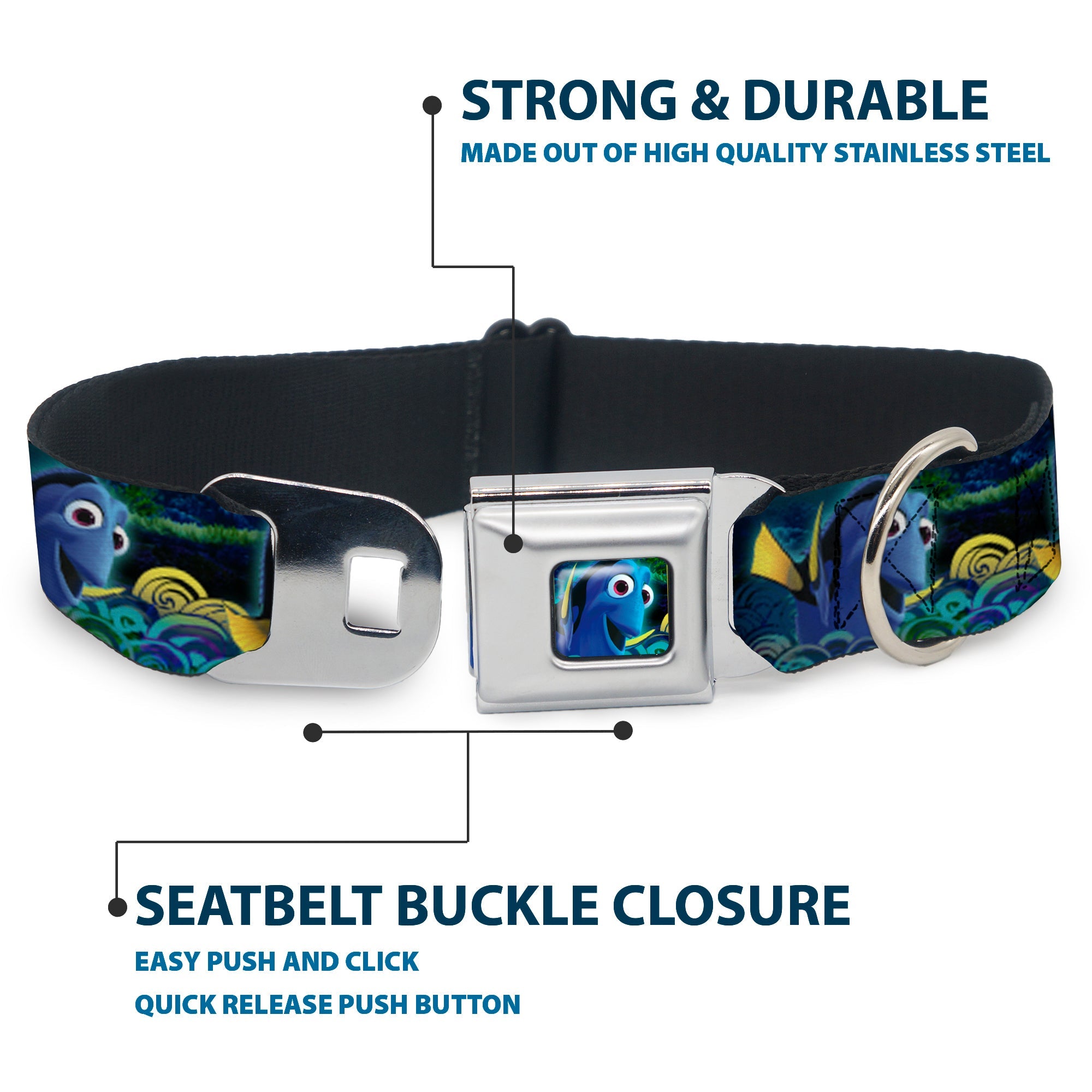 Dory Pose2/Swirls Full Color Blues/Yellows Seatbelt Buckle Collar - Dory Poses/Swirls Blues/Yellows