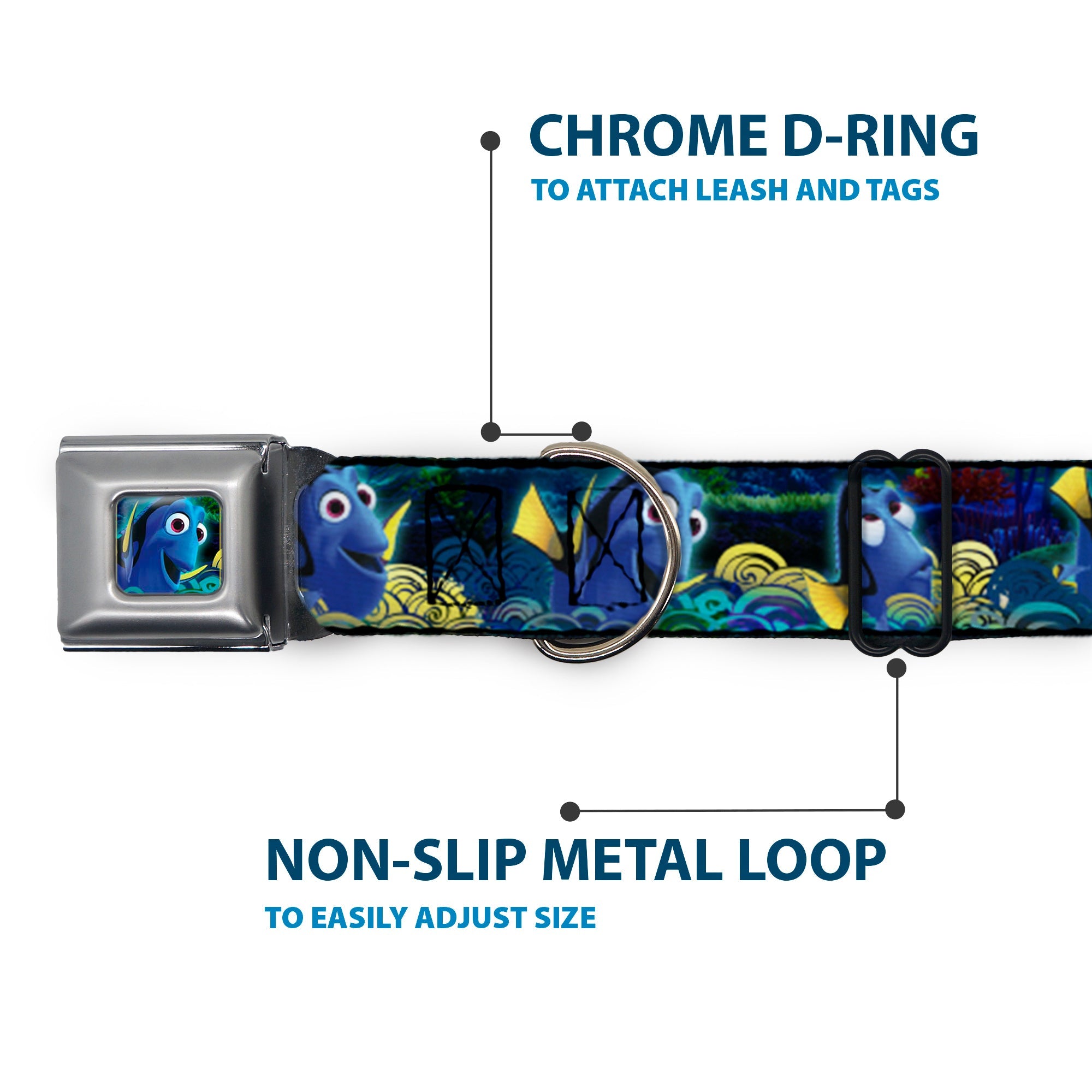 Dory Pose2/Swirls Full Color Blues/Yellows Seatbelt Buckle Collar - Dory Poses/Swirls Blues/Yellows