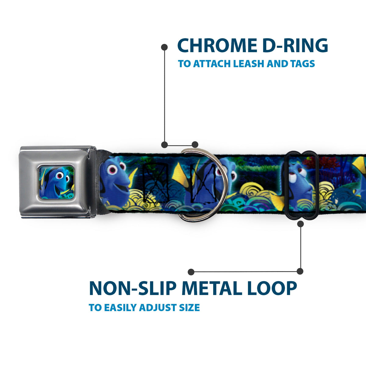 Dory Pose2/Swirls Full Color Blues/Yellows Seatbelt Buckle Collar - Dory Poses/Swirls Blues/Yellows