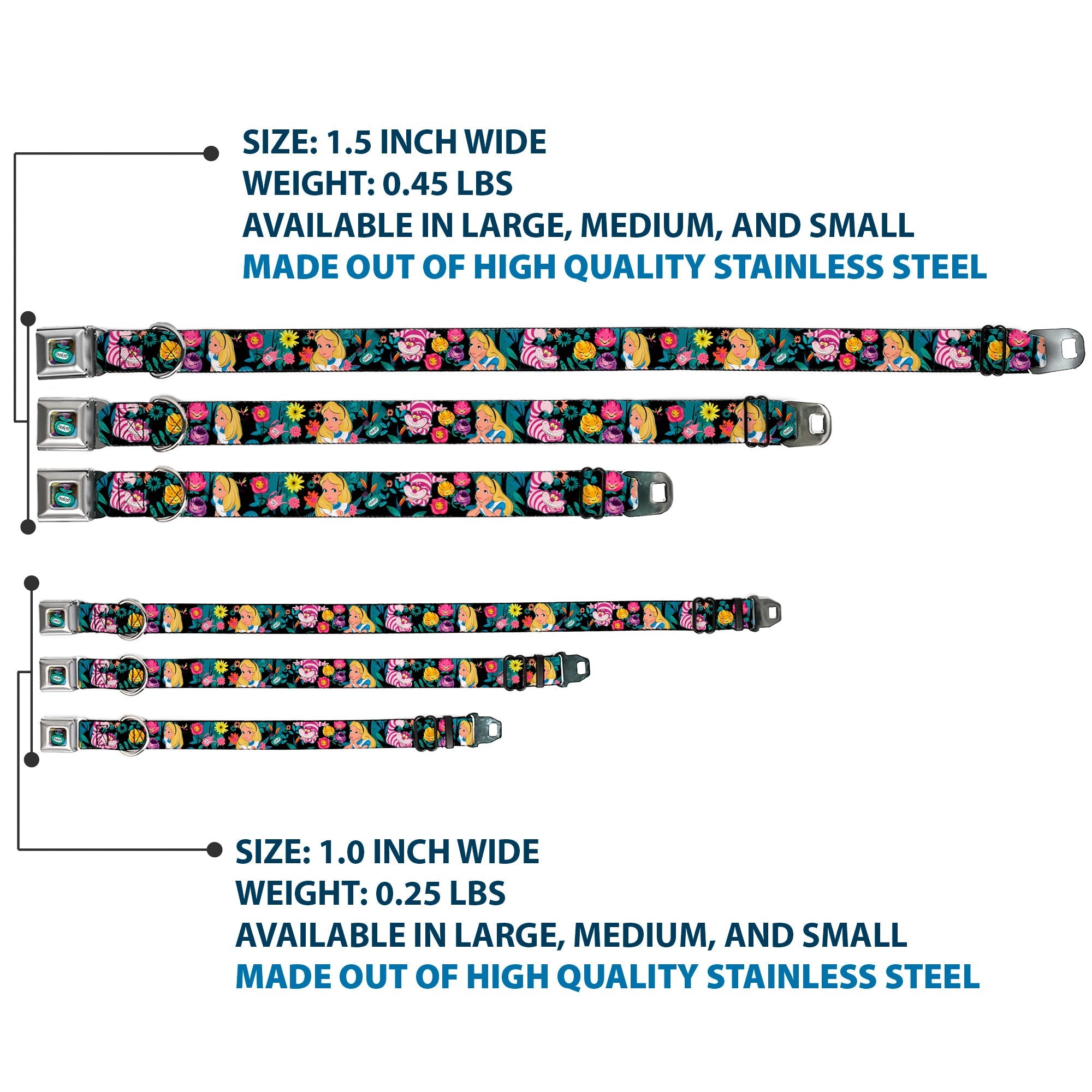 Alice in Wonderland DRINK ME Bottle Full Color Seatbelt Buckle Collar - Alice/Cheshire Cat/Flowers Poses Black/Multi Color