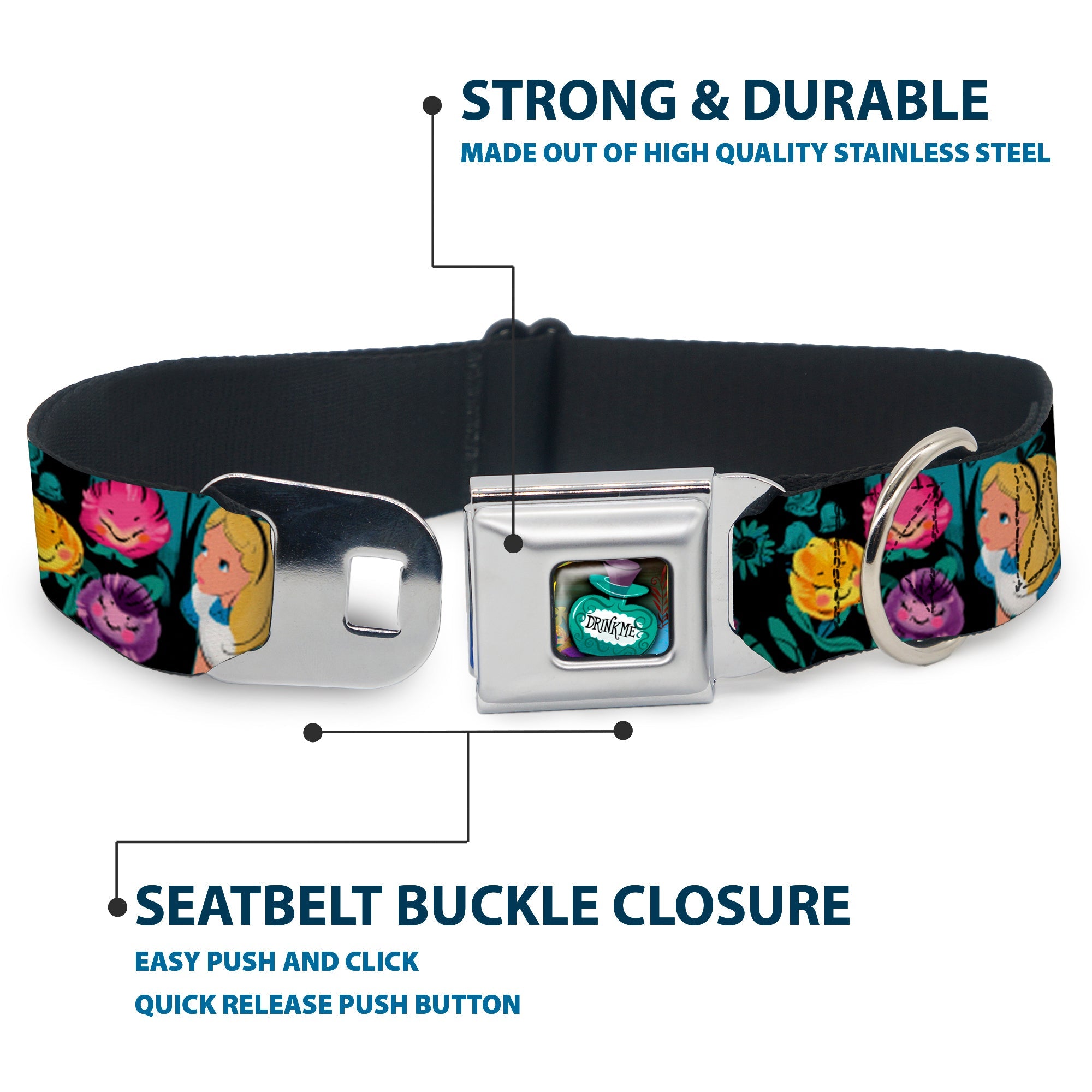 Alice in Wonderland DRINK ME Bottle Full Color Seatbelt Buckle Collar - Alice/Cheshire Cat/Flowers Poses Black/Multi Color