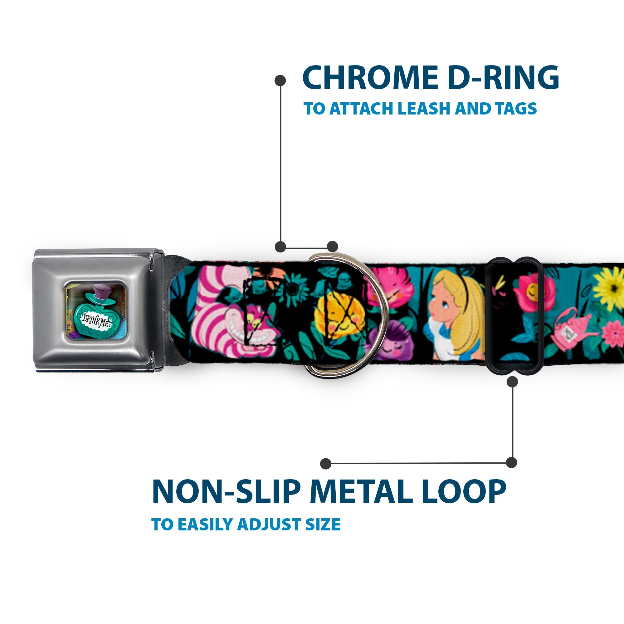 Alice in Wonderland DRINK ME Bottle Full Color Seatbelt Buckle Collar - Alice/Cheshire Cat/Flowers Poses Black/Multi Color