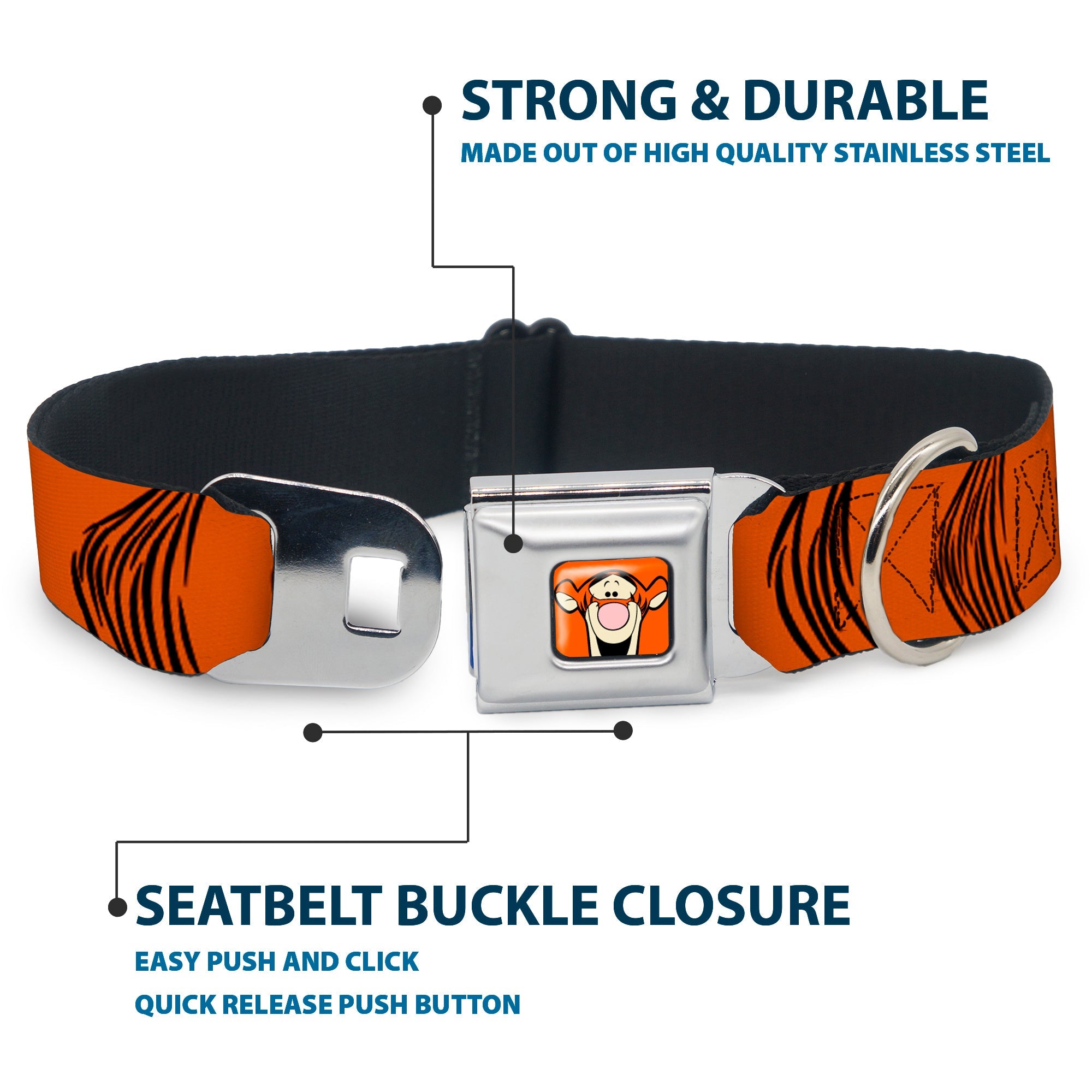 Tigger Face CLOSE-UP Full Color Orange Seatbelt Buckle Collar - Tigger Stripes Orange/Black