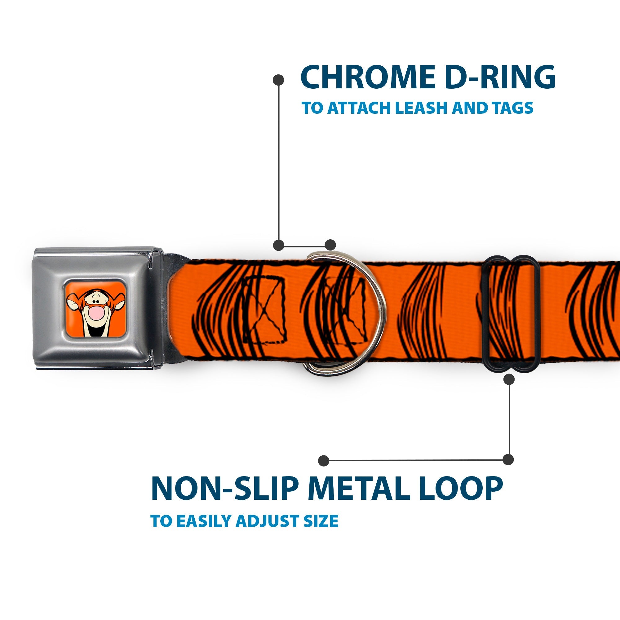 Tigger Face CLOSE-UP Full Color Orange Seatbelt Buckle Collar - Tigger Stripes Orange/Black