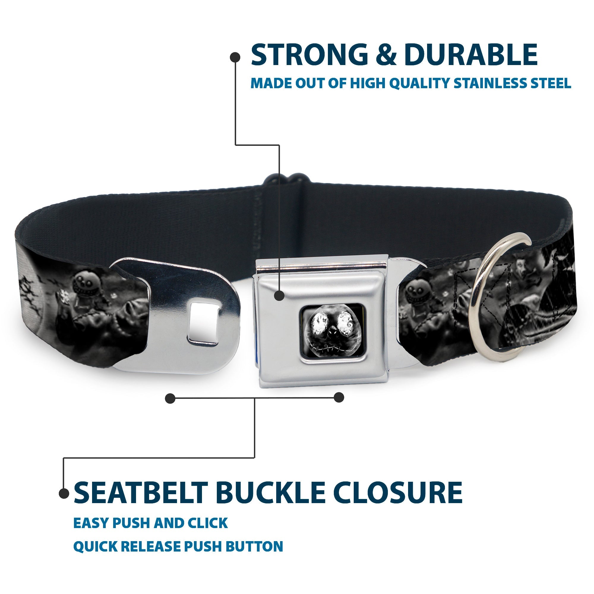Jack Moon Oogie Boogie Face Full Color Black Grays Seatbelt Buckle Collar - Jack & Oogie Boogie Scenes Grays