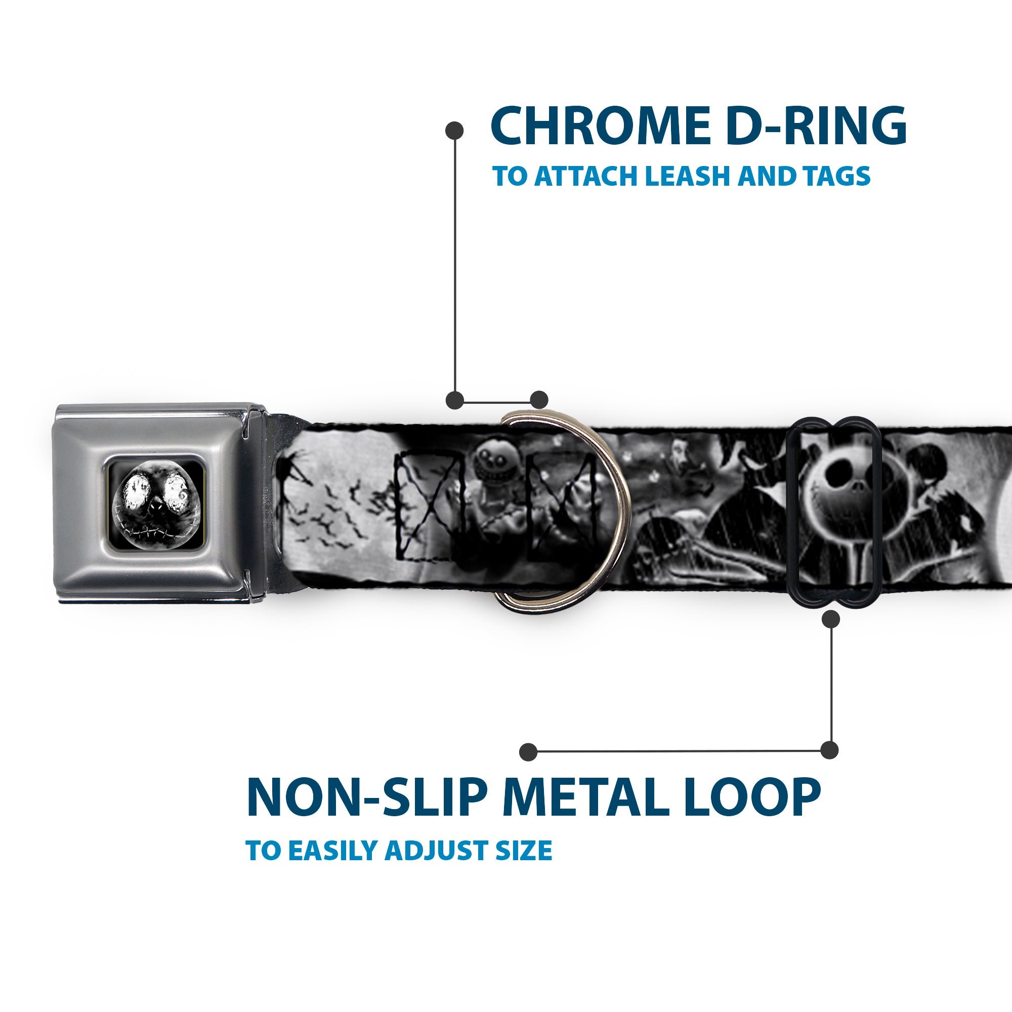 Jack Moon Oogie Boogie Face Full Color Black Grays Seatbelt Buckle Collar - Jack & Oogie Boogie Scenes Grays