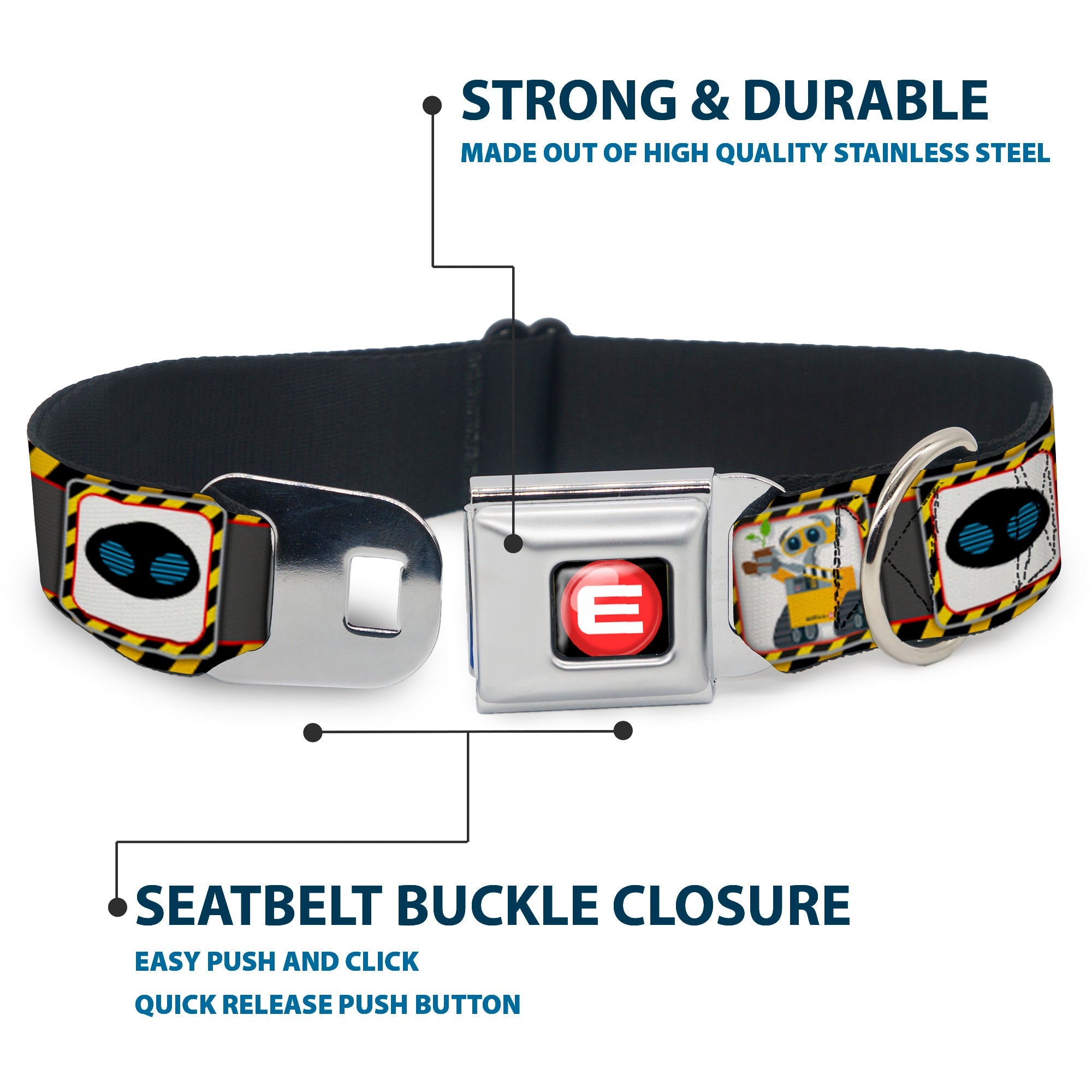 WALL-E Logo Full Color Black Red White Seatbelt Buckle Collar - WALL-E & EVE Pose/Face Hazard Blocks Gray/Yellow/Black