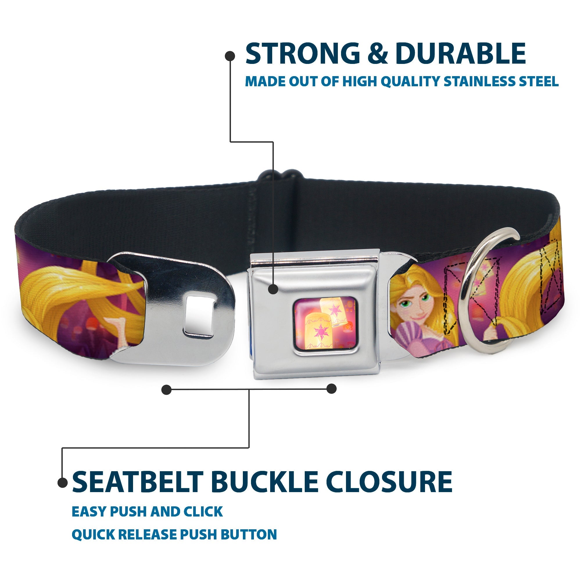 Tangled Lights Light Full Color Purple/Gold Seatbelt Buckle Collar - Rapunzel 4-Tangled Poses/Pascal/Lights Light Purples