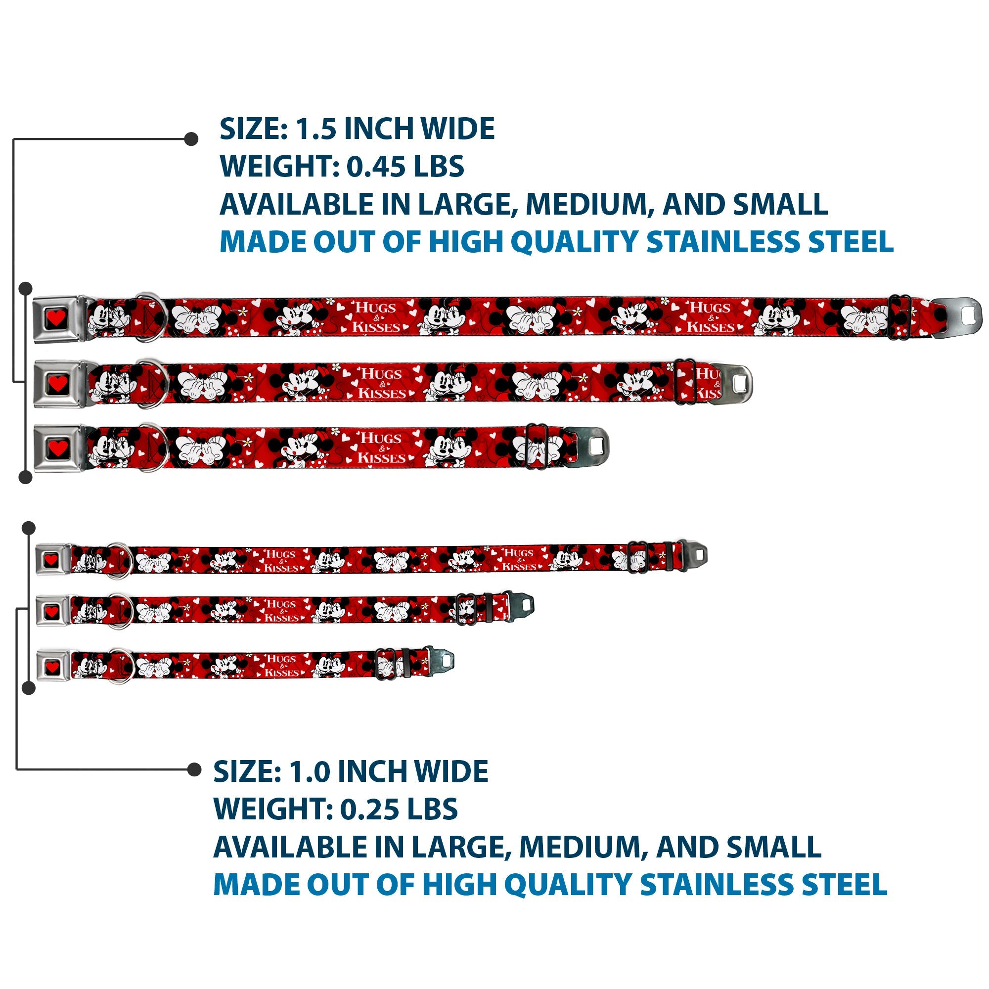 Heart Full Color Black/Red Seatbelt Buckle Collar - Mickey & Minnie HUGS & KISSES Poses Reds/White