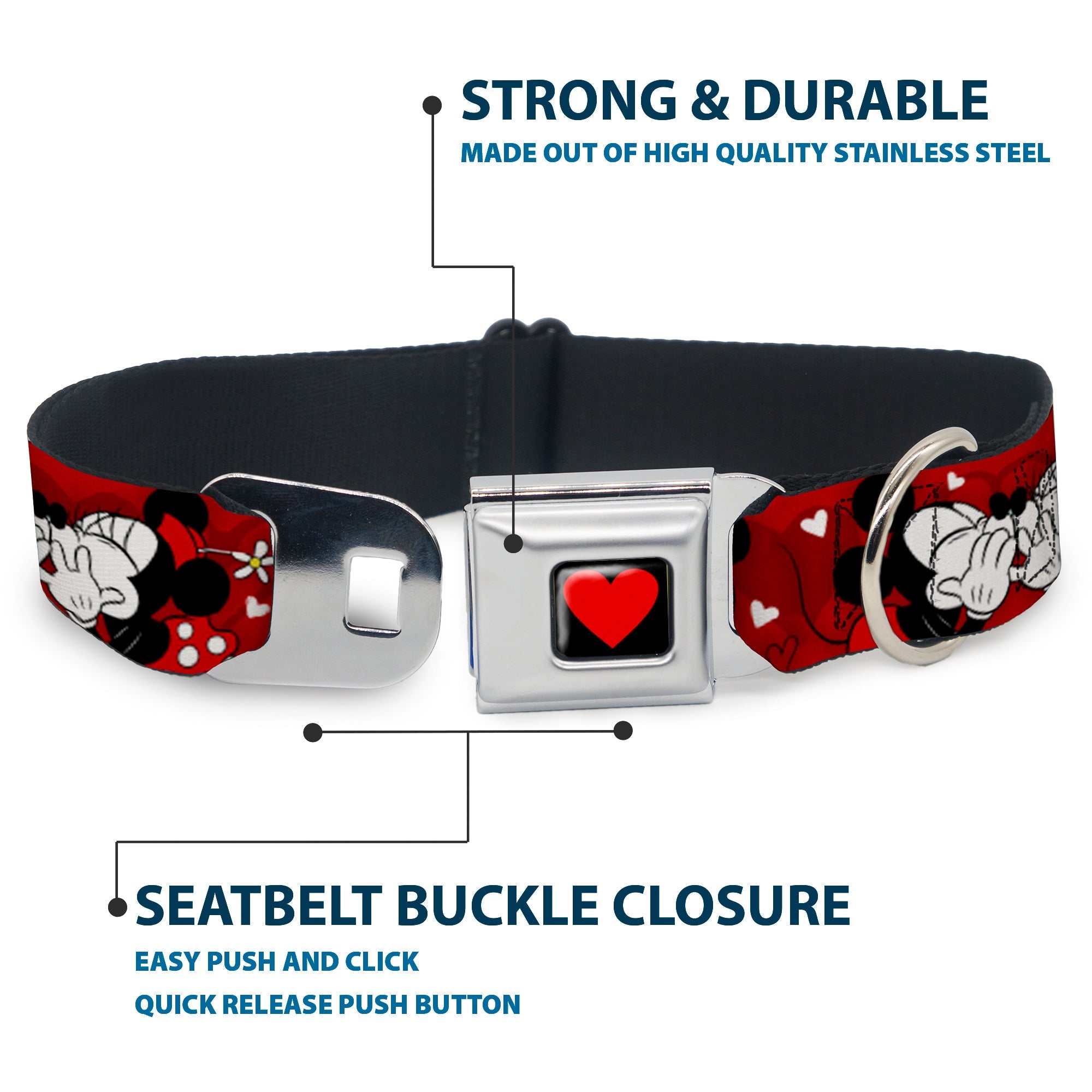 Heart Full Color Black/Red Seatbelt Buckle Collar - Mickey & Minnie HUGS & KISSES Poses Reds/White