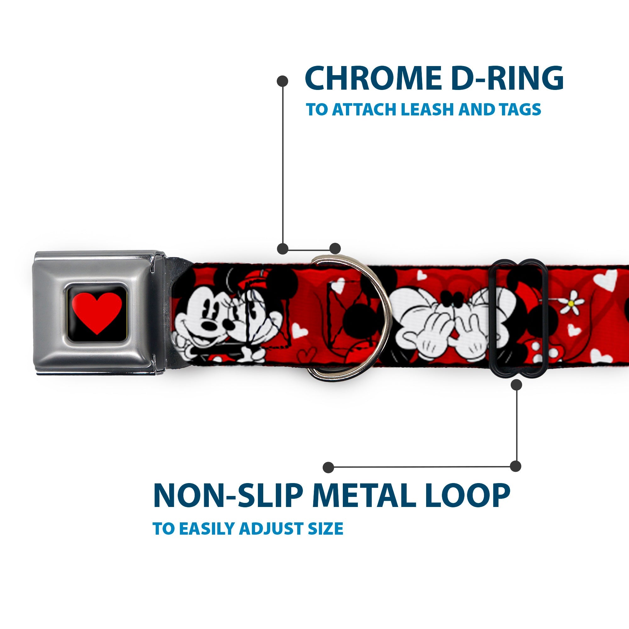 Heart Full Color Black/Red Seatbelt Buckle Collar - Mickey & Minnie HUGS & KISSES Poses Reds/White