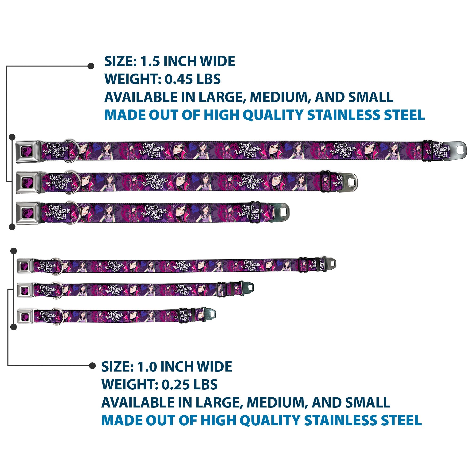 Descendants Dragon Heart Full Color Black/Purples Seatbelt Buckle Collar - Descendants Mal 3-Poses GOOD ISNT ALWAYS/Hearts/Dragons EASY Purples/Pinks